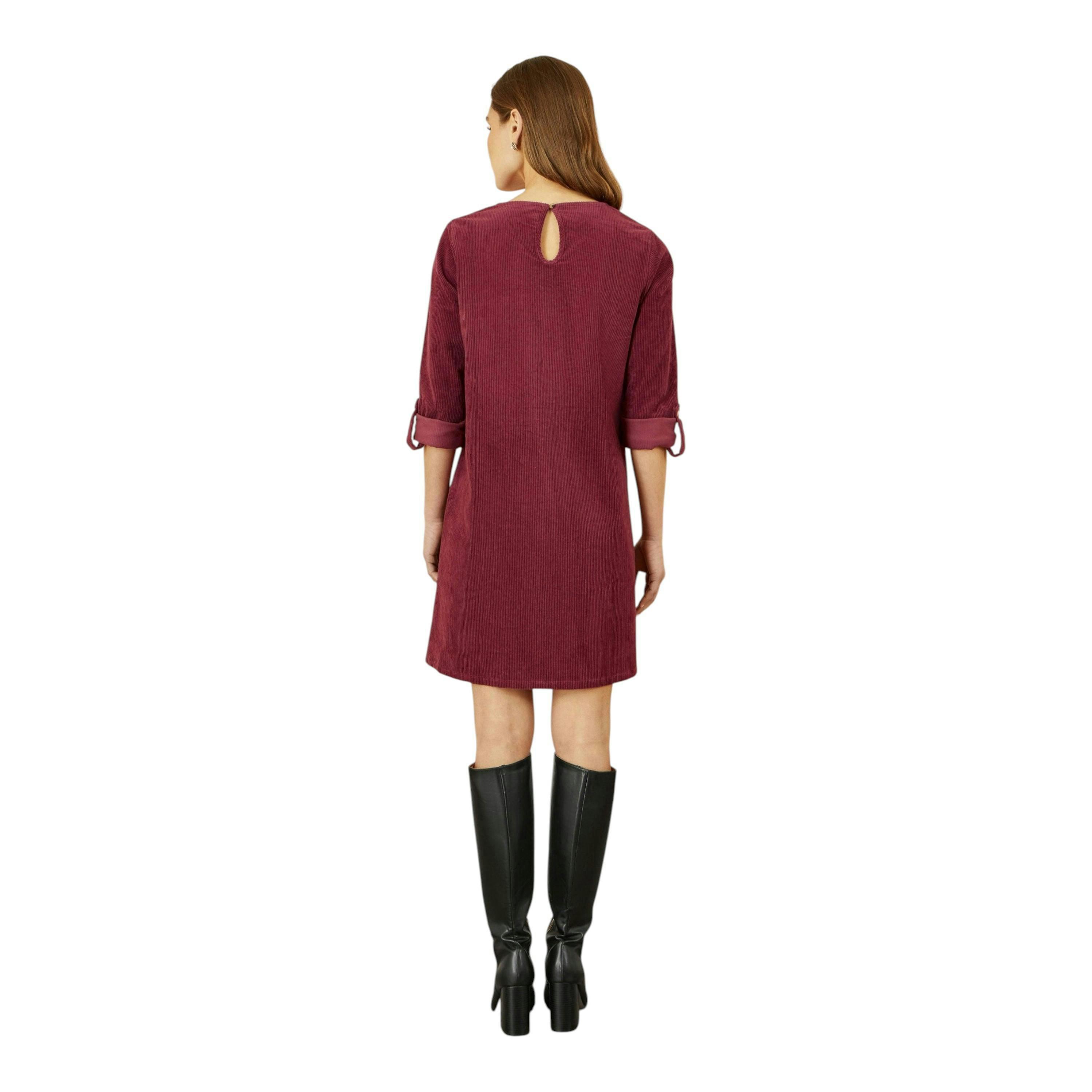 Yumi Burgundy Cord Tunic Dress With 3/4 Sleeves And Pockets , view 3 of 4