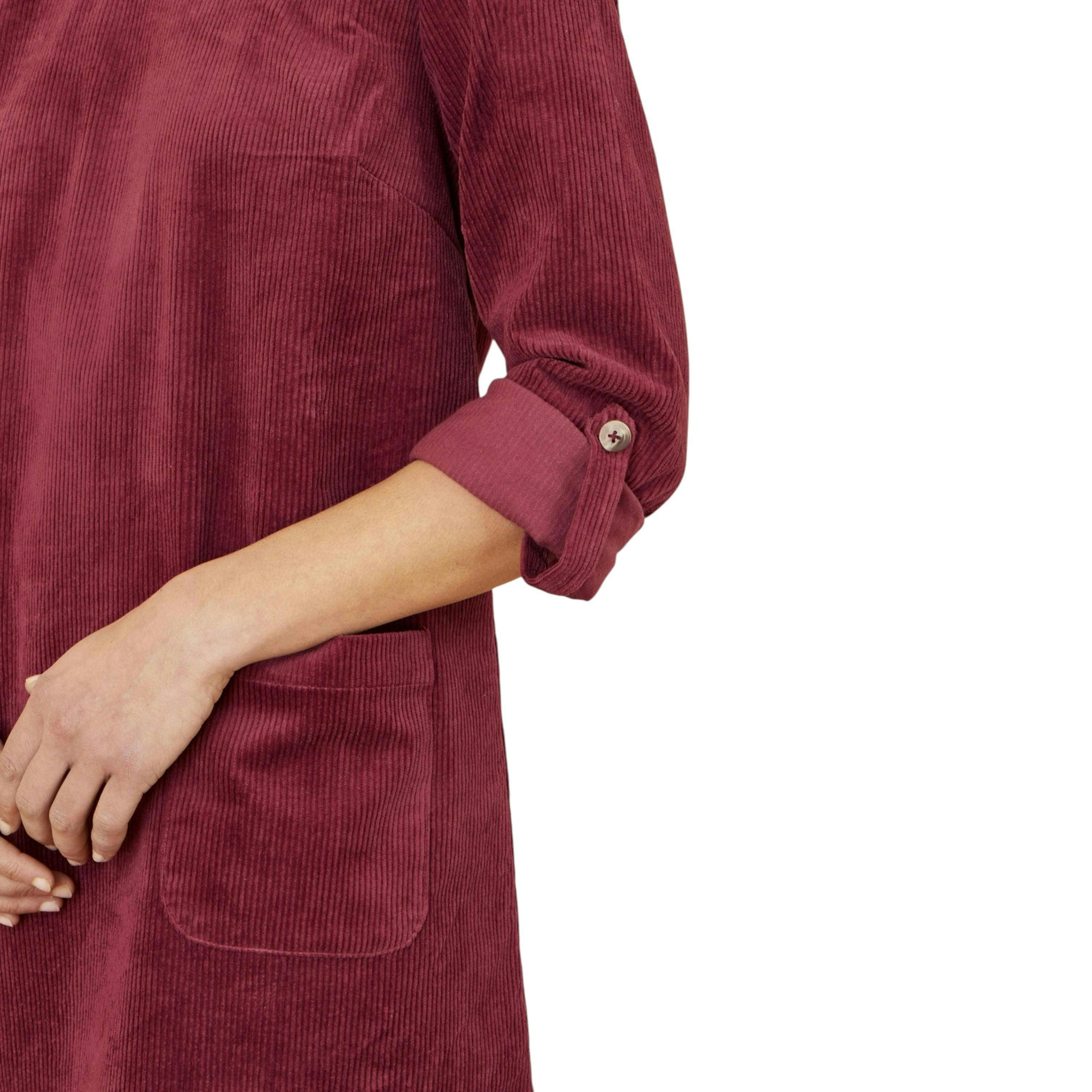 Yumi Burgundy Cord Tunic Dress With 3/4 Sleeves And Pockets , view 4 of 4