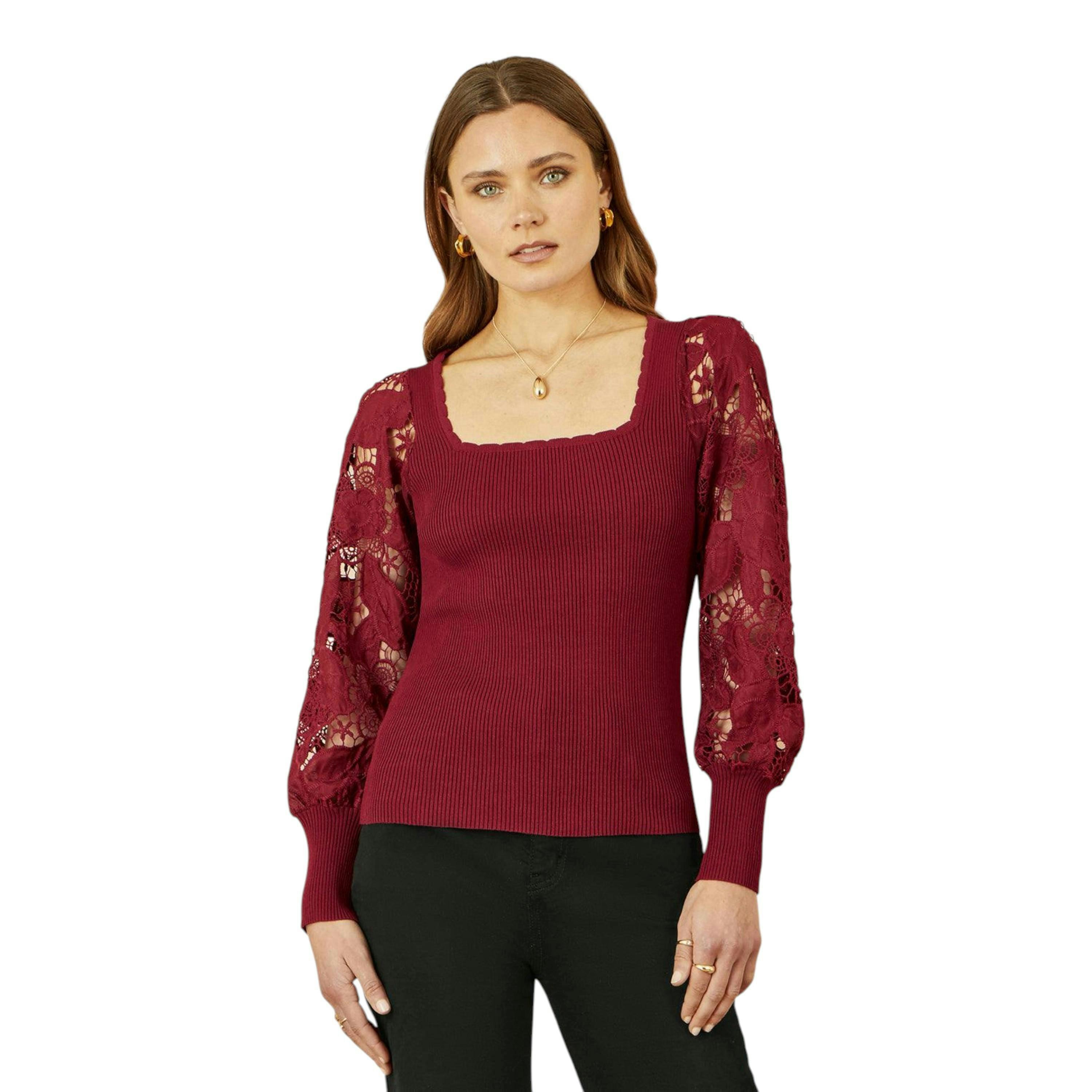 Yumi Burgundy Ribbed Knitted Top With Lace Sleeves , view 1 of 5