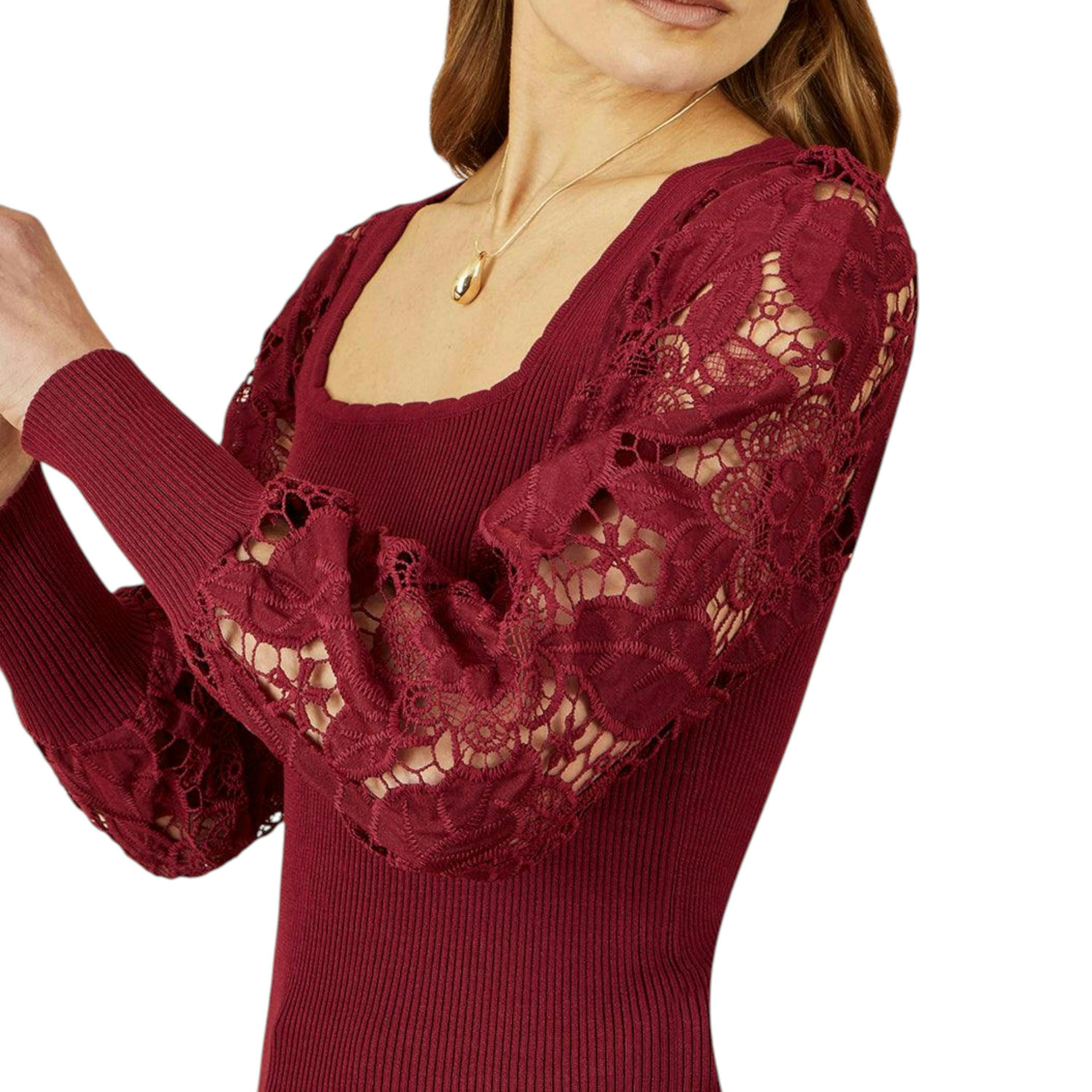 Yumi Burgundy Ribbed Knitted Top With Lace Sleeves , view 2 of 5