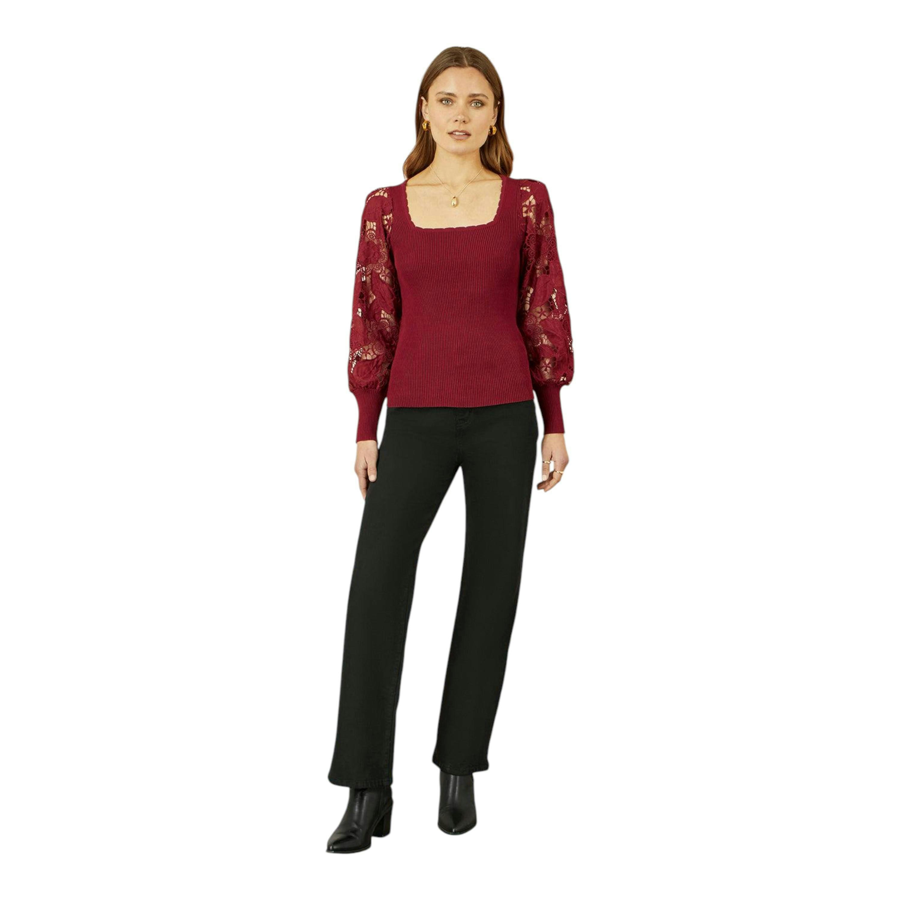 Yumi Burgundy Ribbed Knitted Top With Lace Sleeves , view 3 of 5