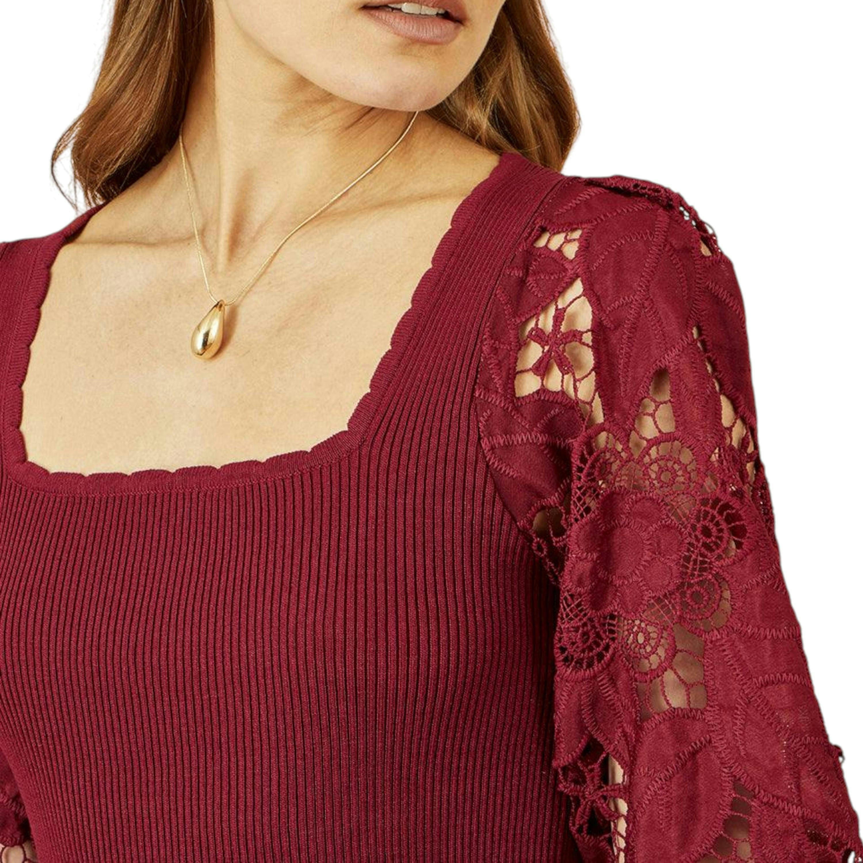 Yumi Burgundy Ribbed Knitted Top With Lace Sleeves , view 4 of 5