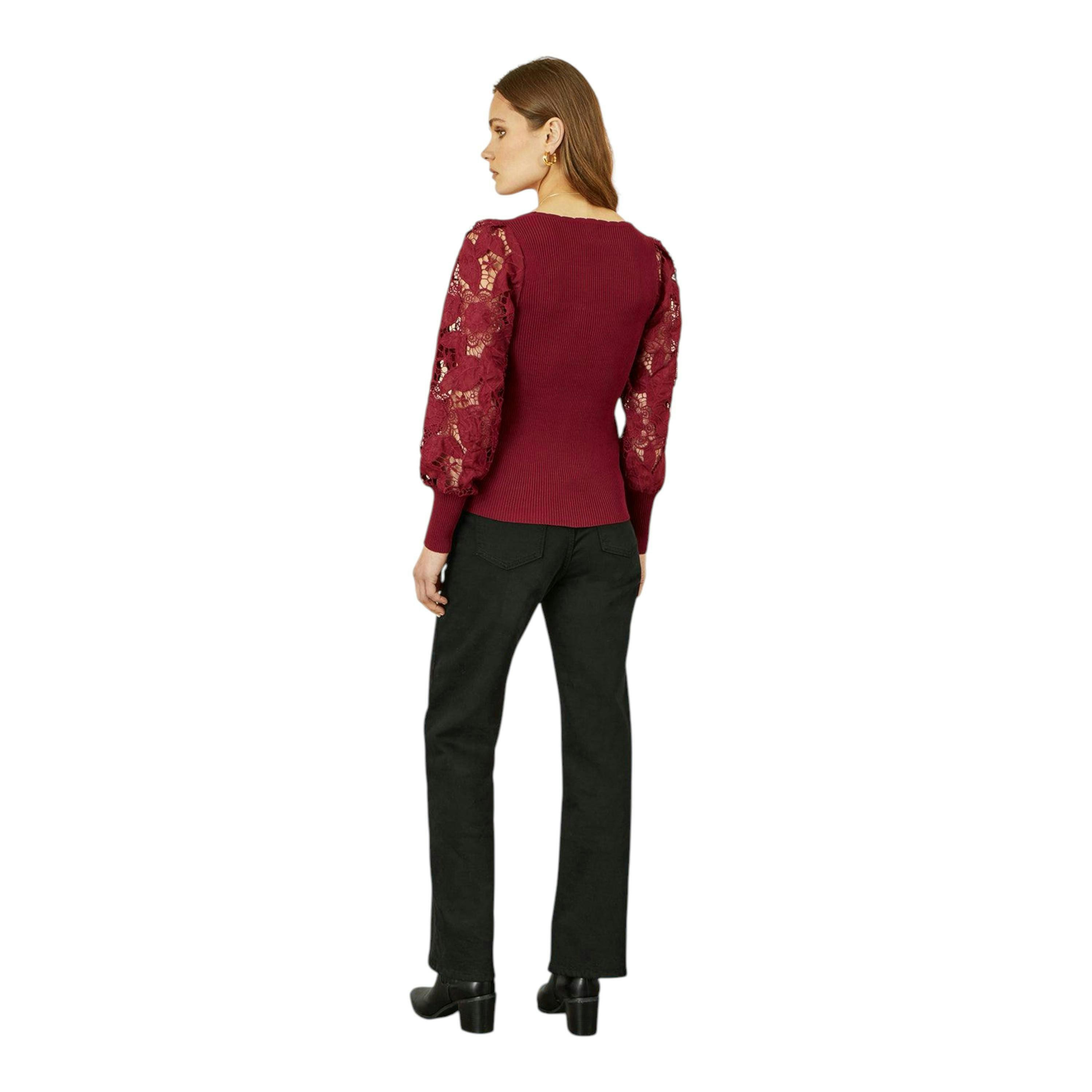 Yumi Burgundy Ribbed Knitted Top With Lace Sleeves , view 5 of 5