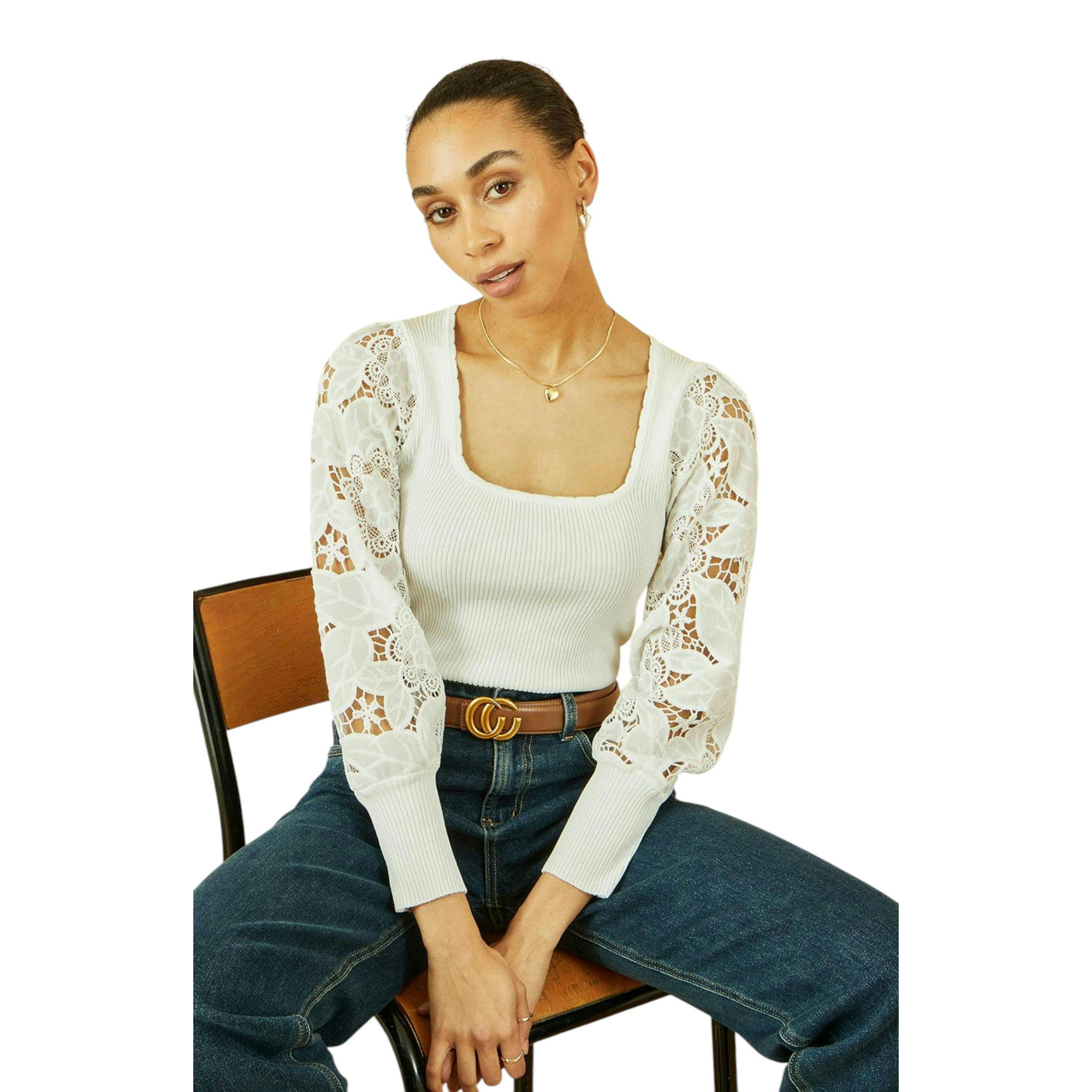 Yumi White Ribbed Knitted Top With Lace Sleeves , view 1 of 5