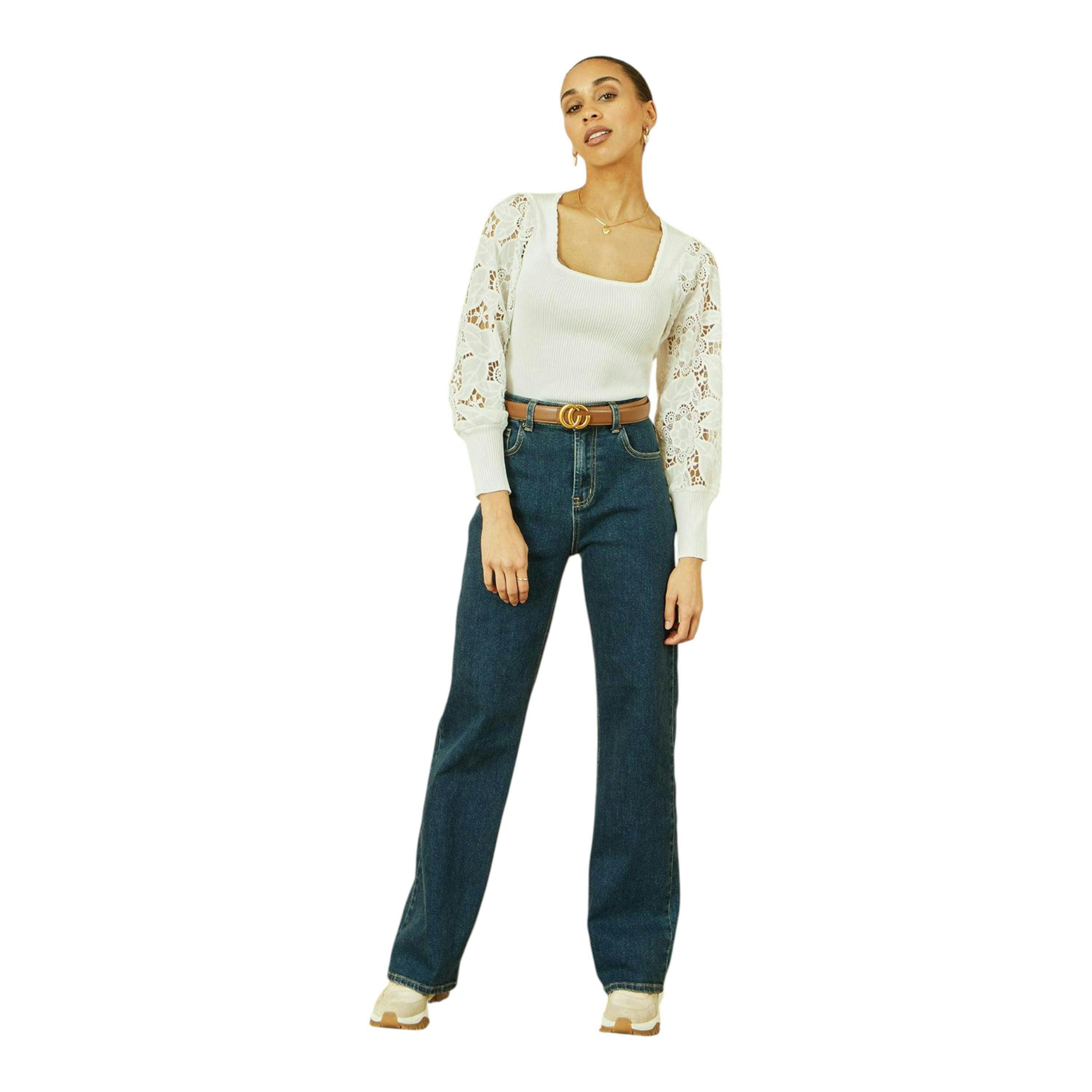Yumi White Ribbed Knitted Top With Lace Sleeves , view 2 of 5