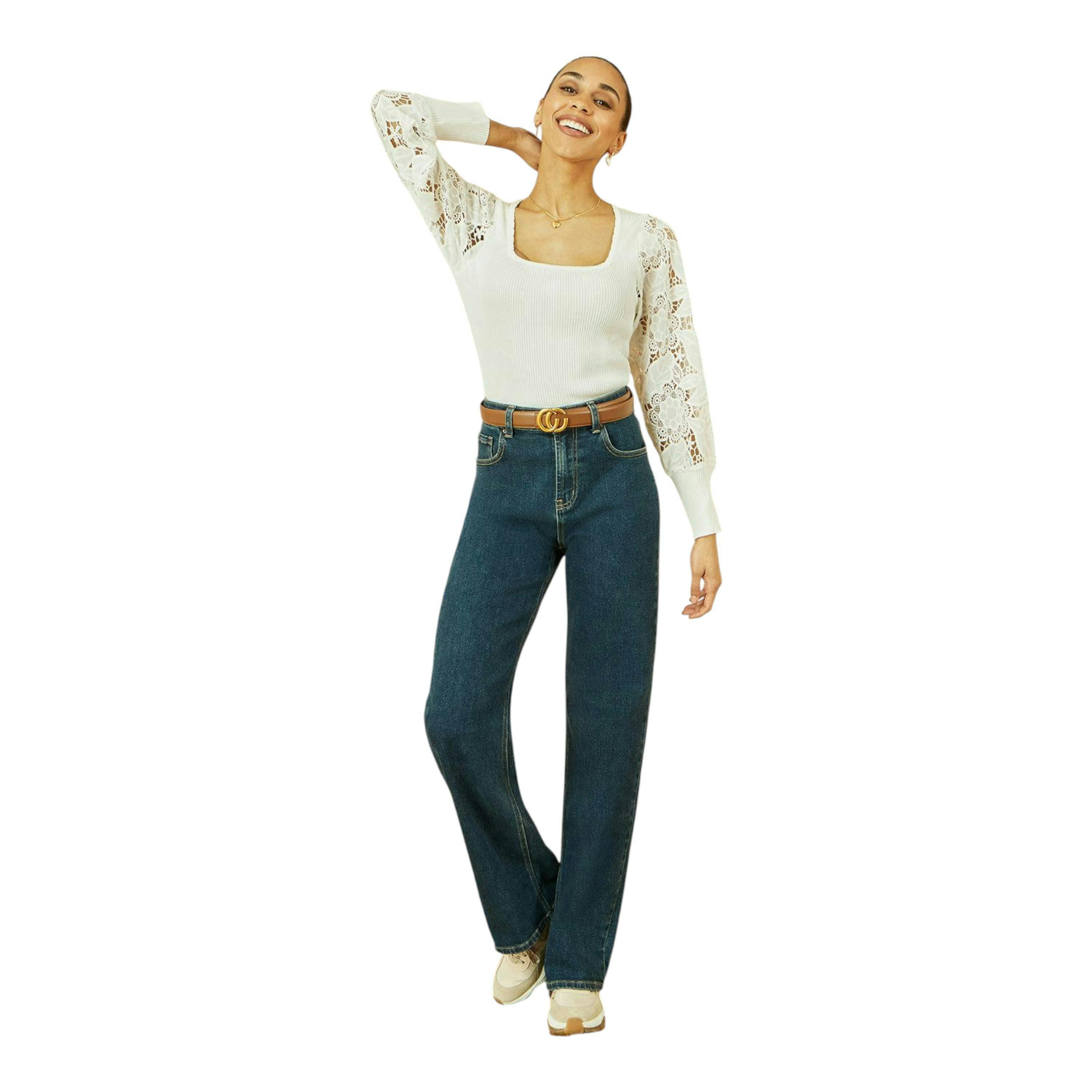 Yumi White Ribbed Knitted Top With Lace Sleeves , view 4 of 5