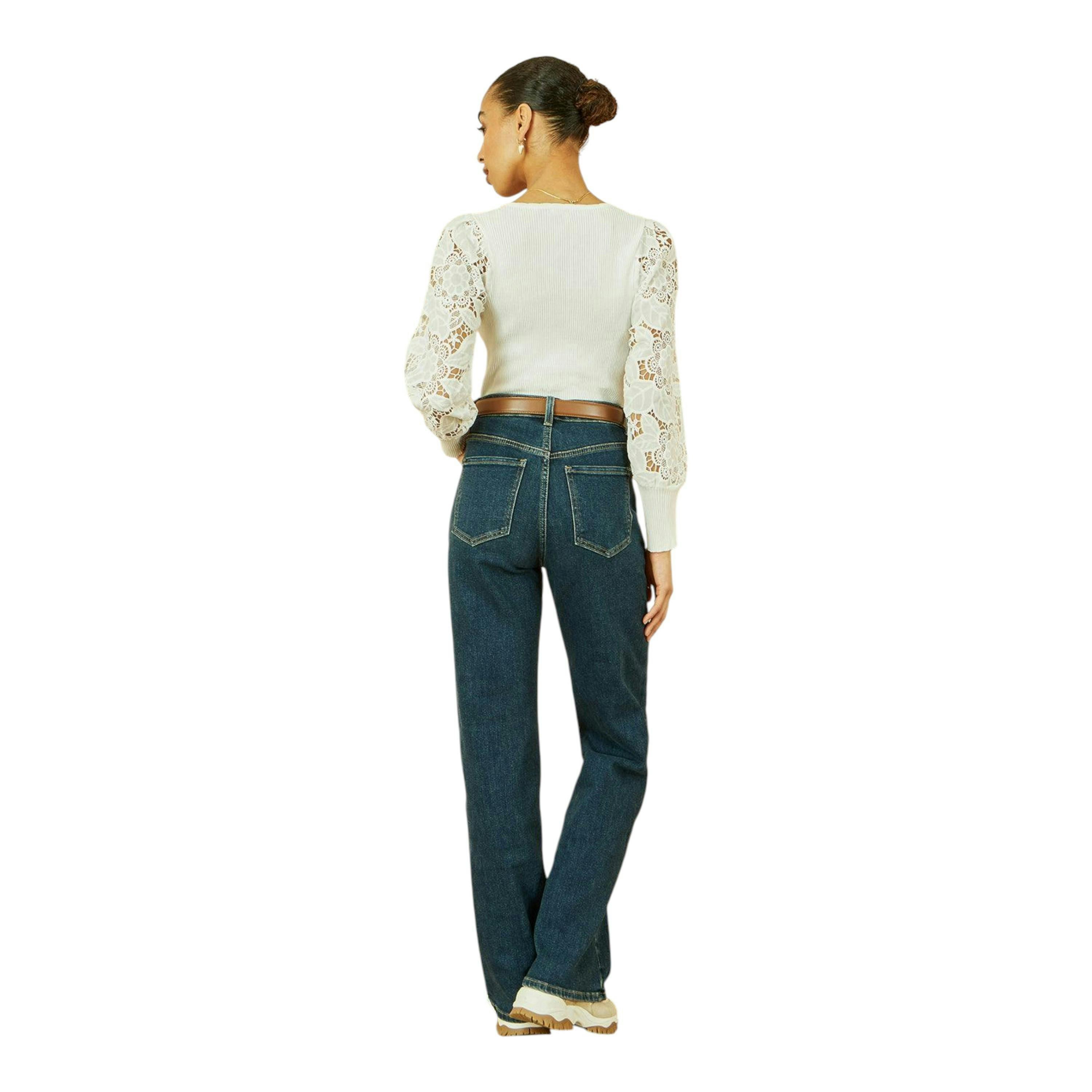 Yumi White Ribbed Knitted Top With Lace Sleeves , view 5 of 5
