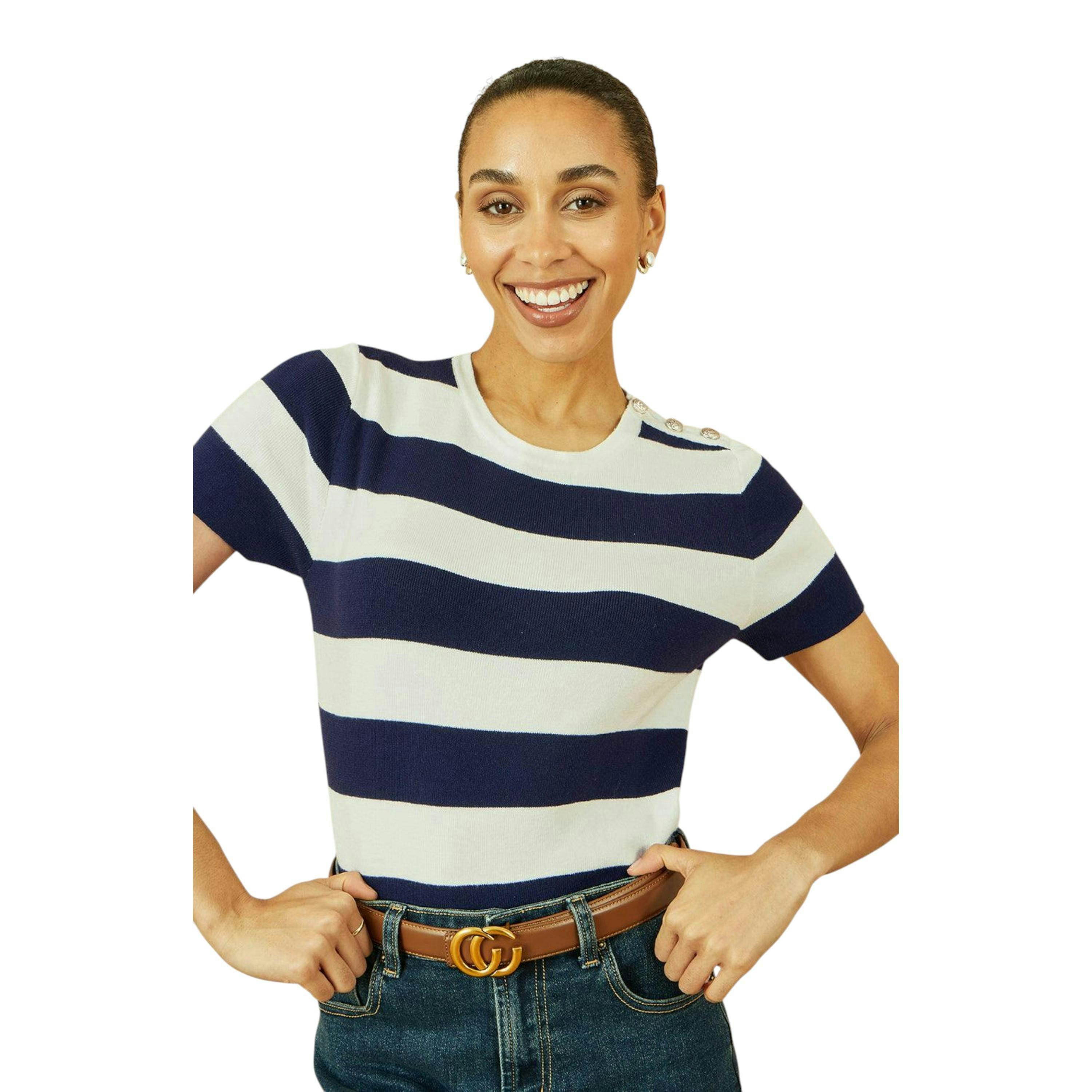 Yumi Navy Block Stripe Knitted Top With Button Details , view 1 of 5