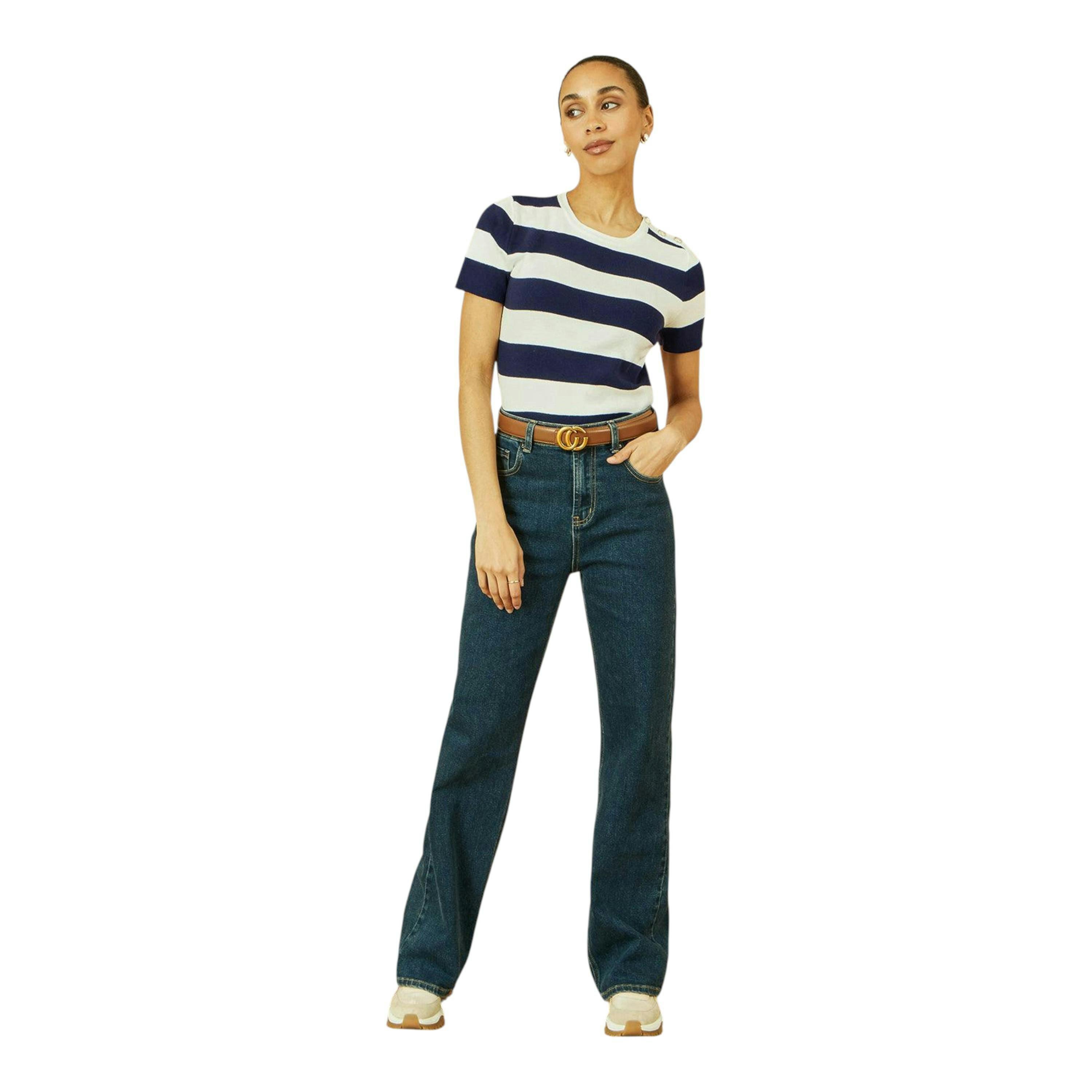 Yumi Navy Block Stripe Knitted Top With Button Details , view 2 of 5
