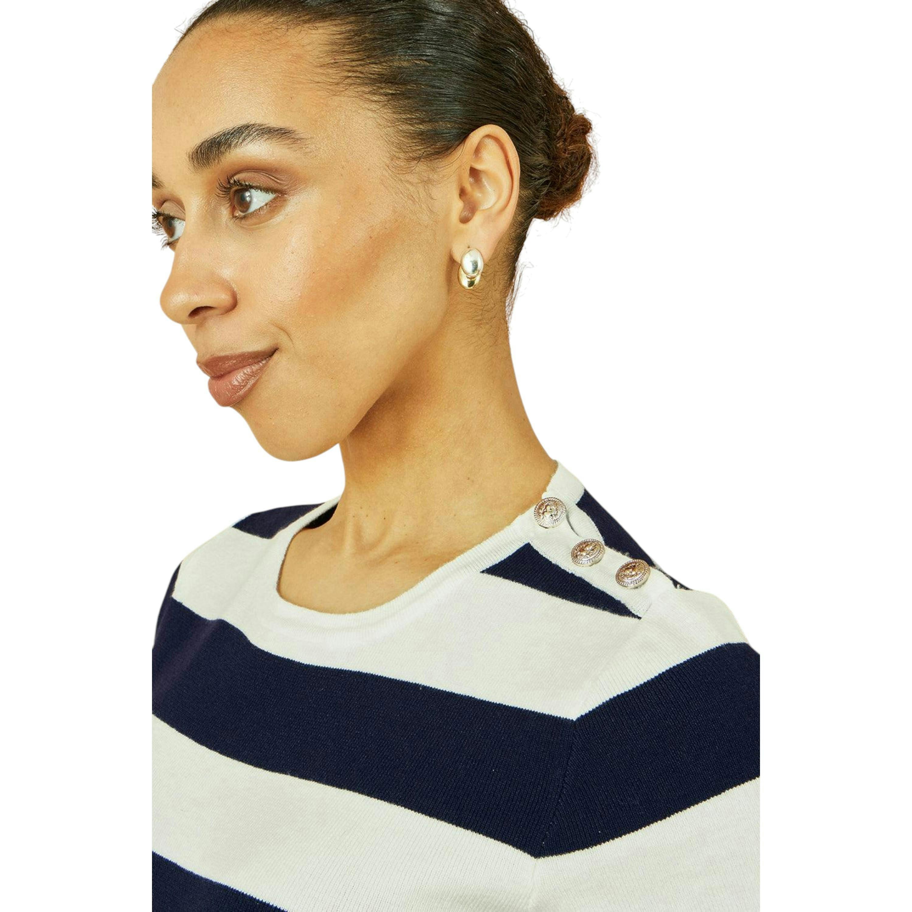 Yumi Navy Block Stripe Knitted Top With Button Details , view 3 of 5