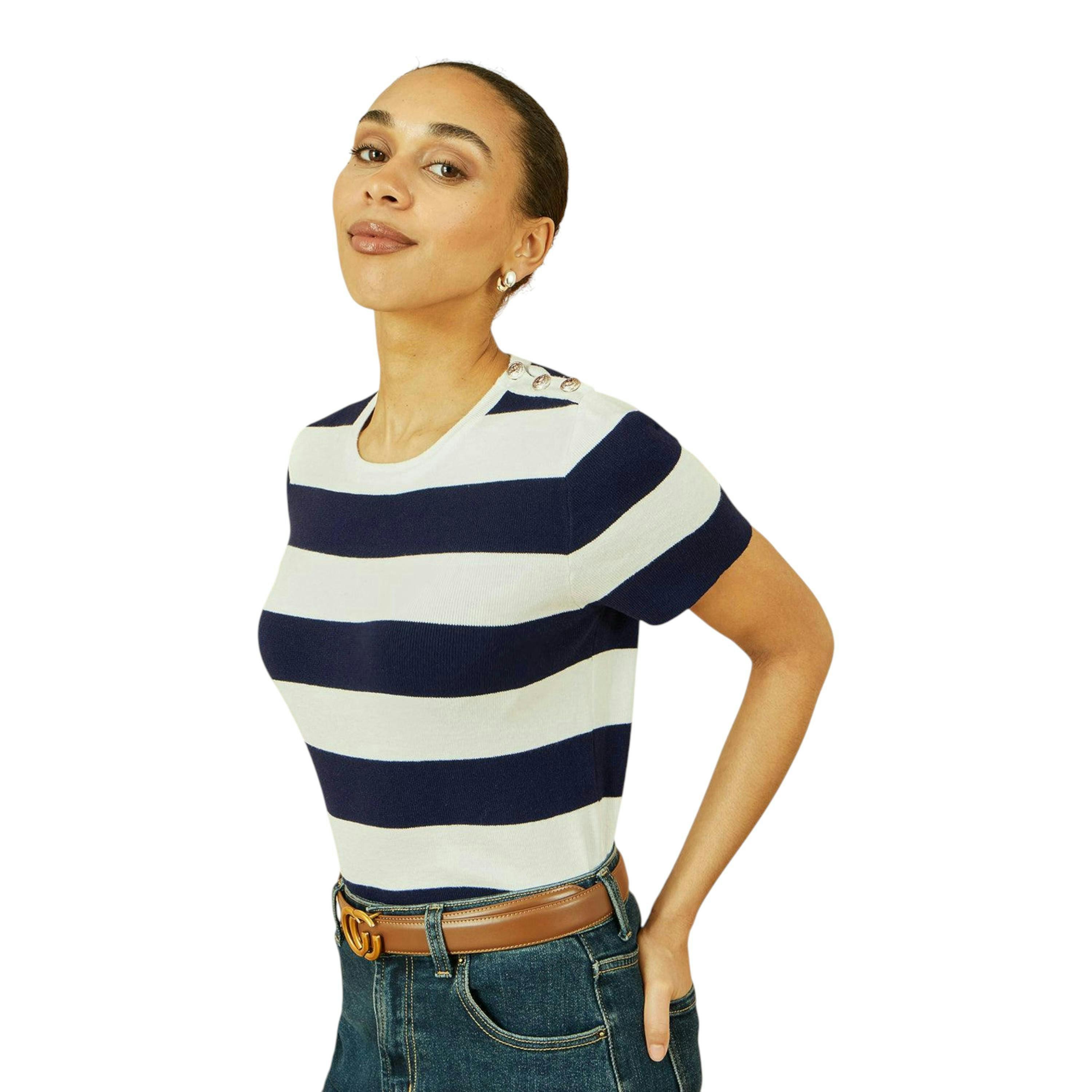 Yumi Navy Block Stripe Knitted Top With Button Details , view 4 of 5