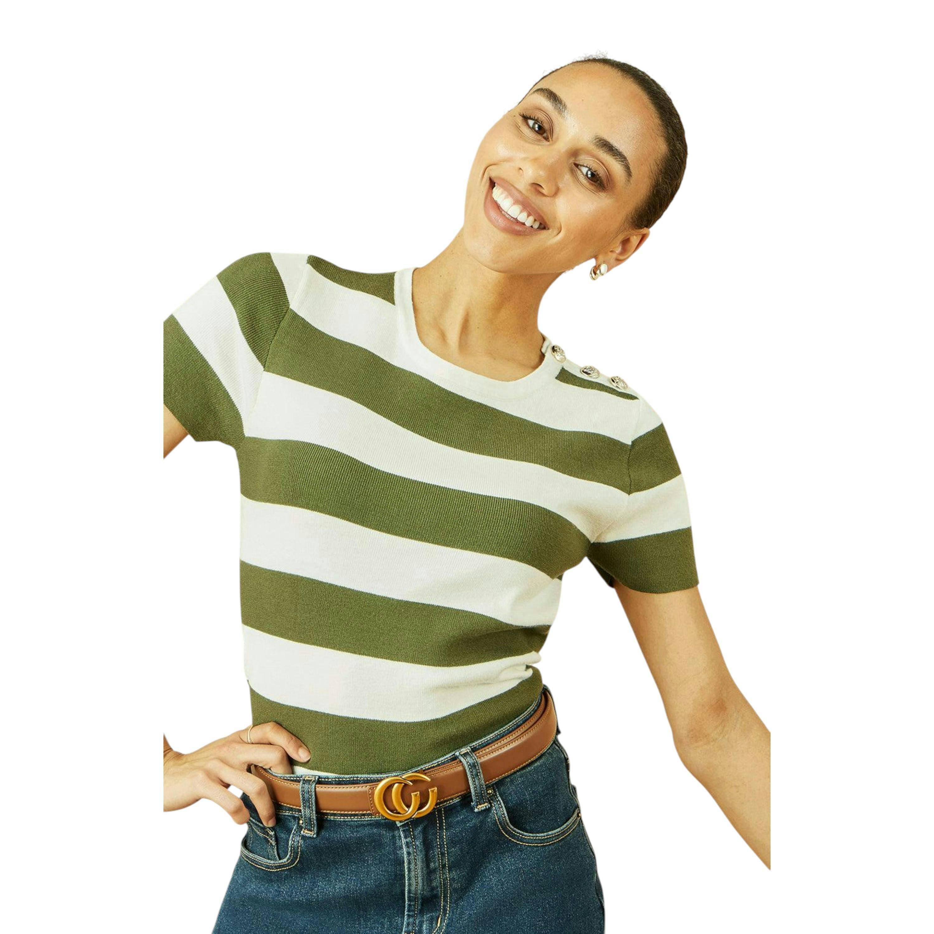 Yumi Green Block Stripe Knitted Top With Button Details , view 1 of 5
