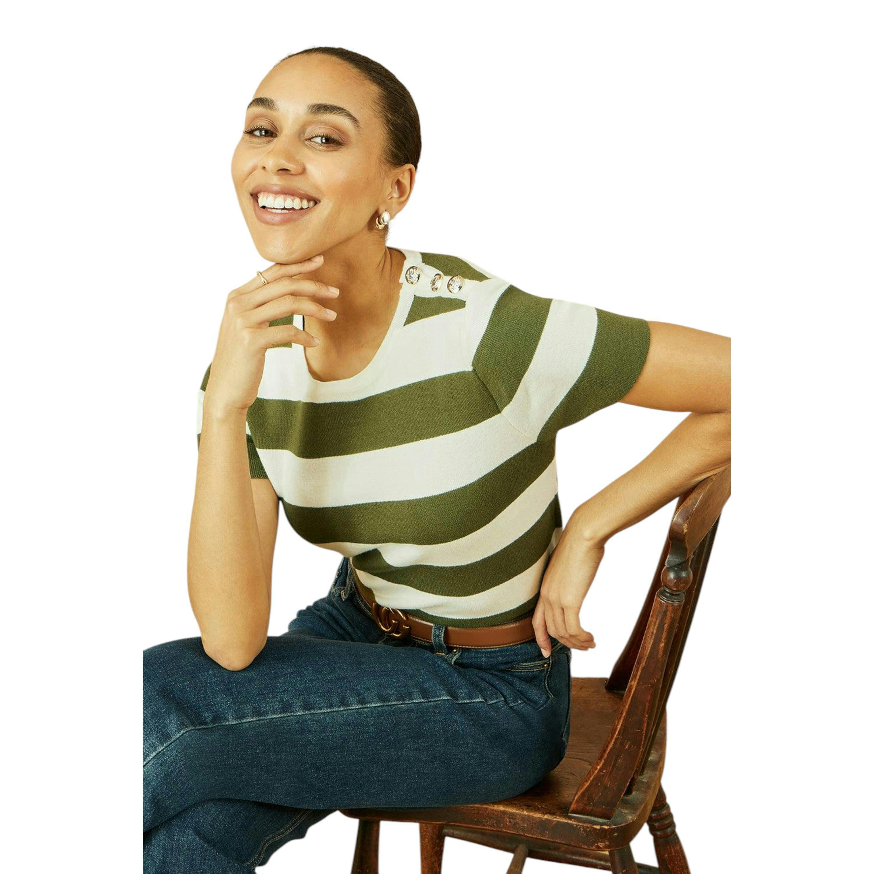Yumi Green Block Stripe Knitted Top With Button Details , view 2 of 5