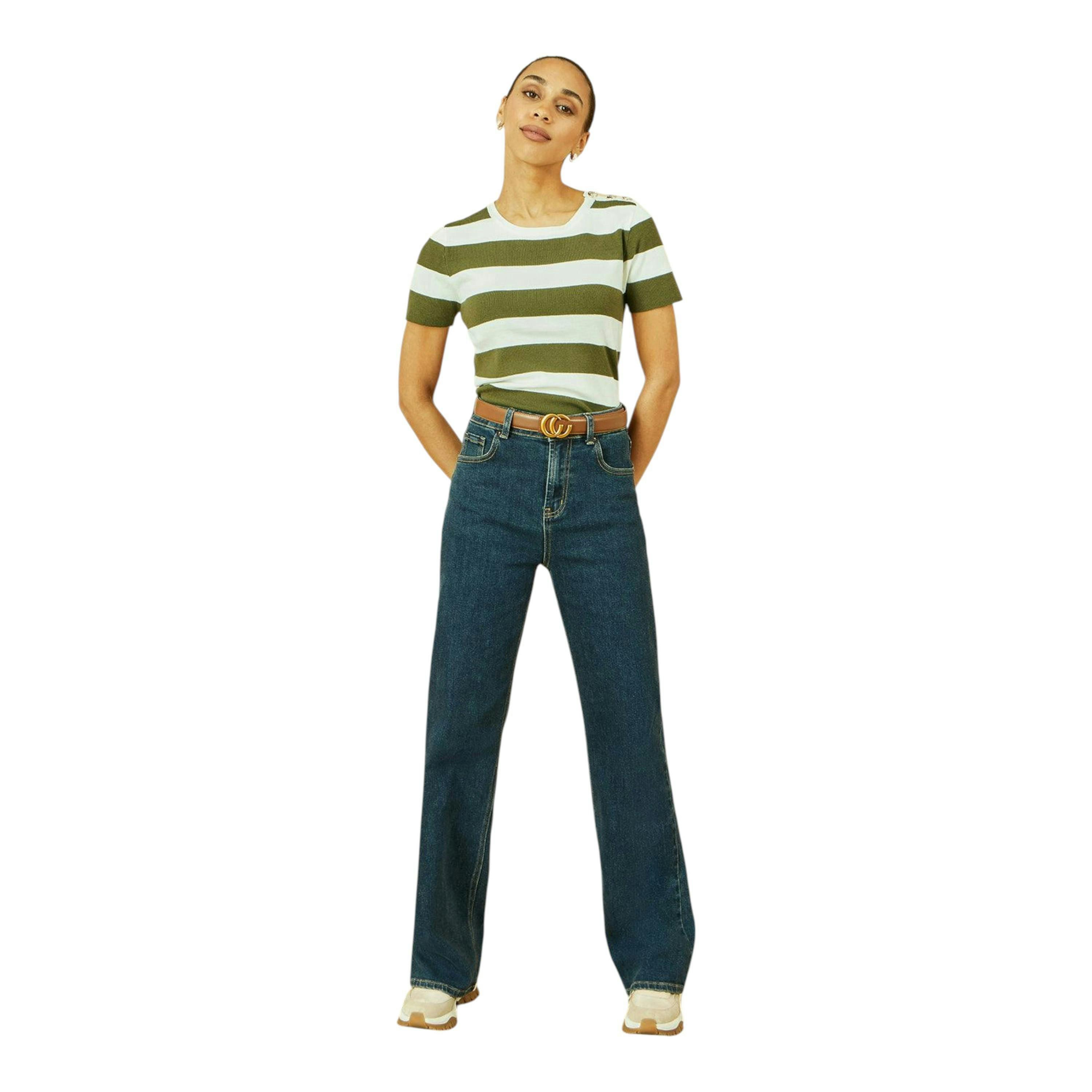 Yumi Green Block Stripe Knitted Top With Button Details , view 3 of 5