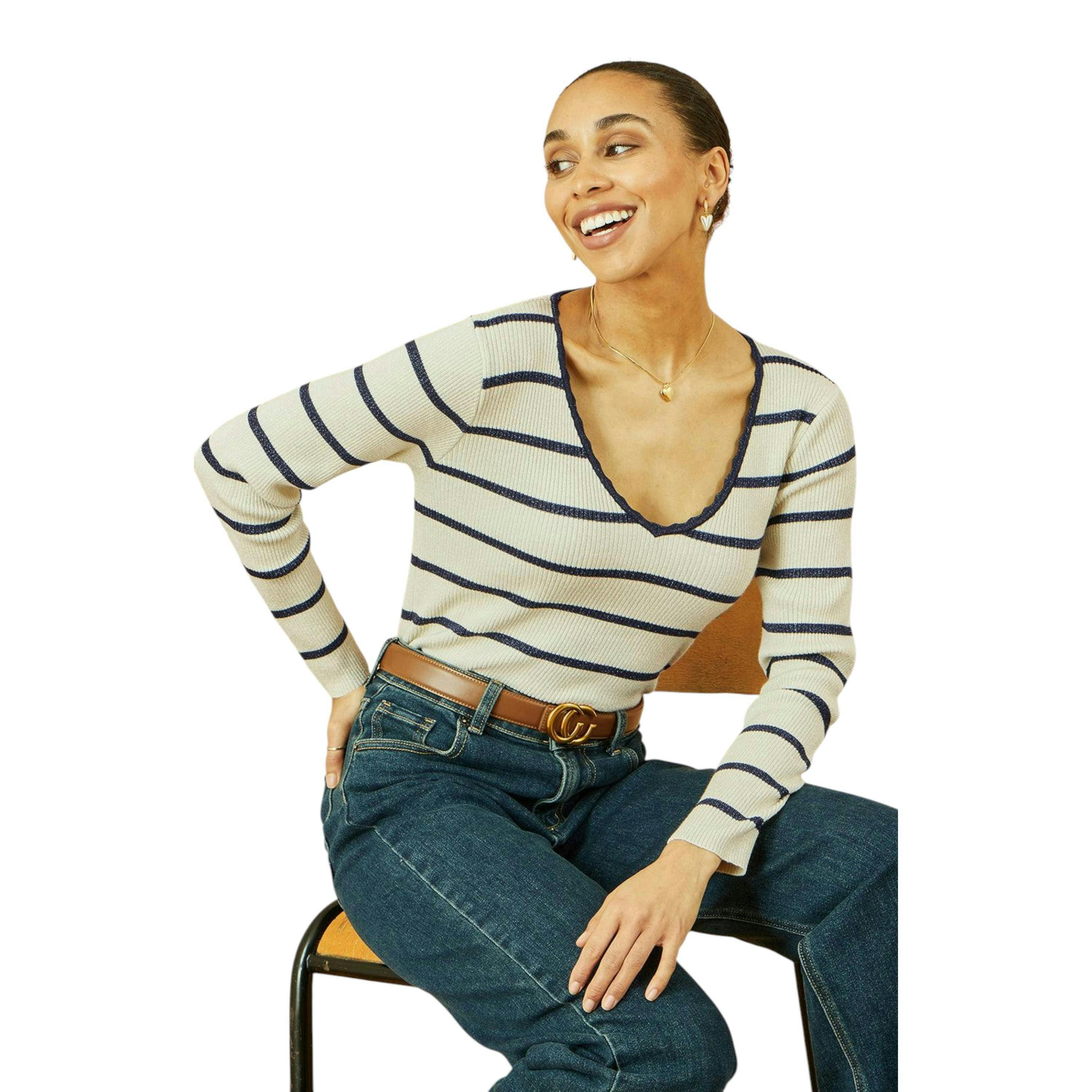 Yumi White Metallic Stripe Knitted Ribbed Top , view 1 of 5