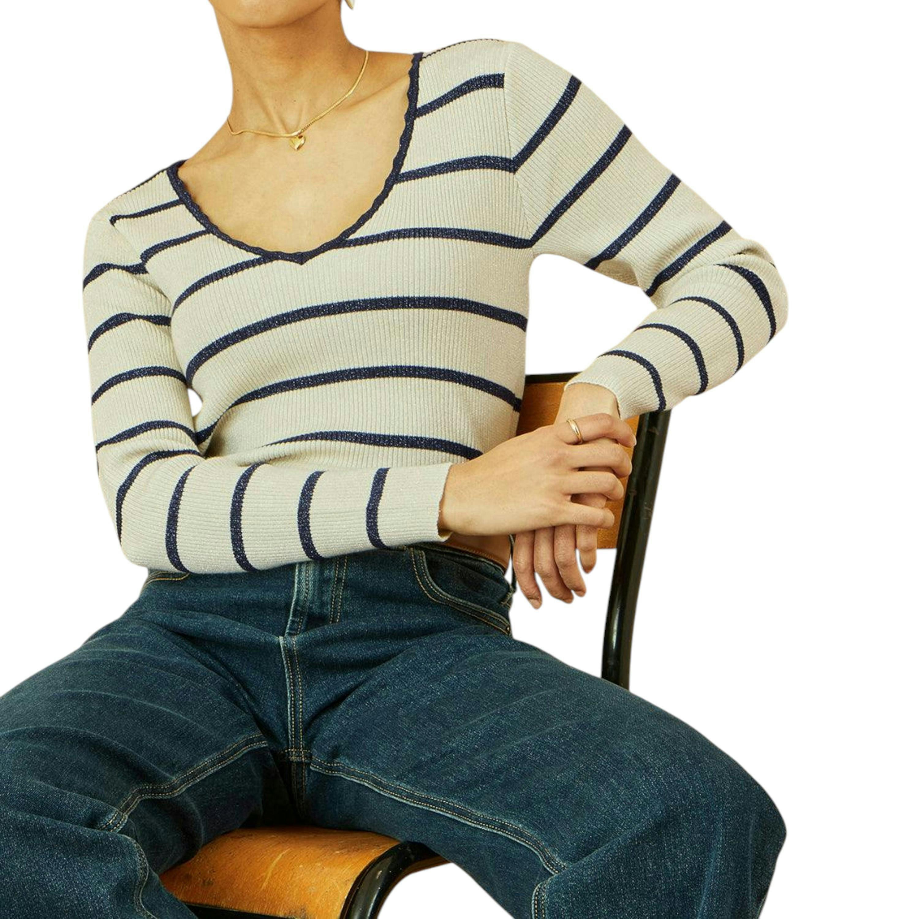 Yumi White Metallic Stripe Knitted Ribbed Top , view 5 of 5