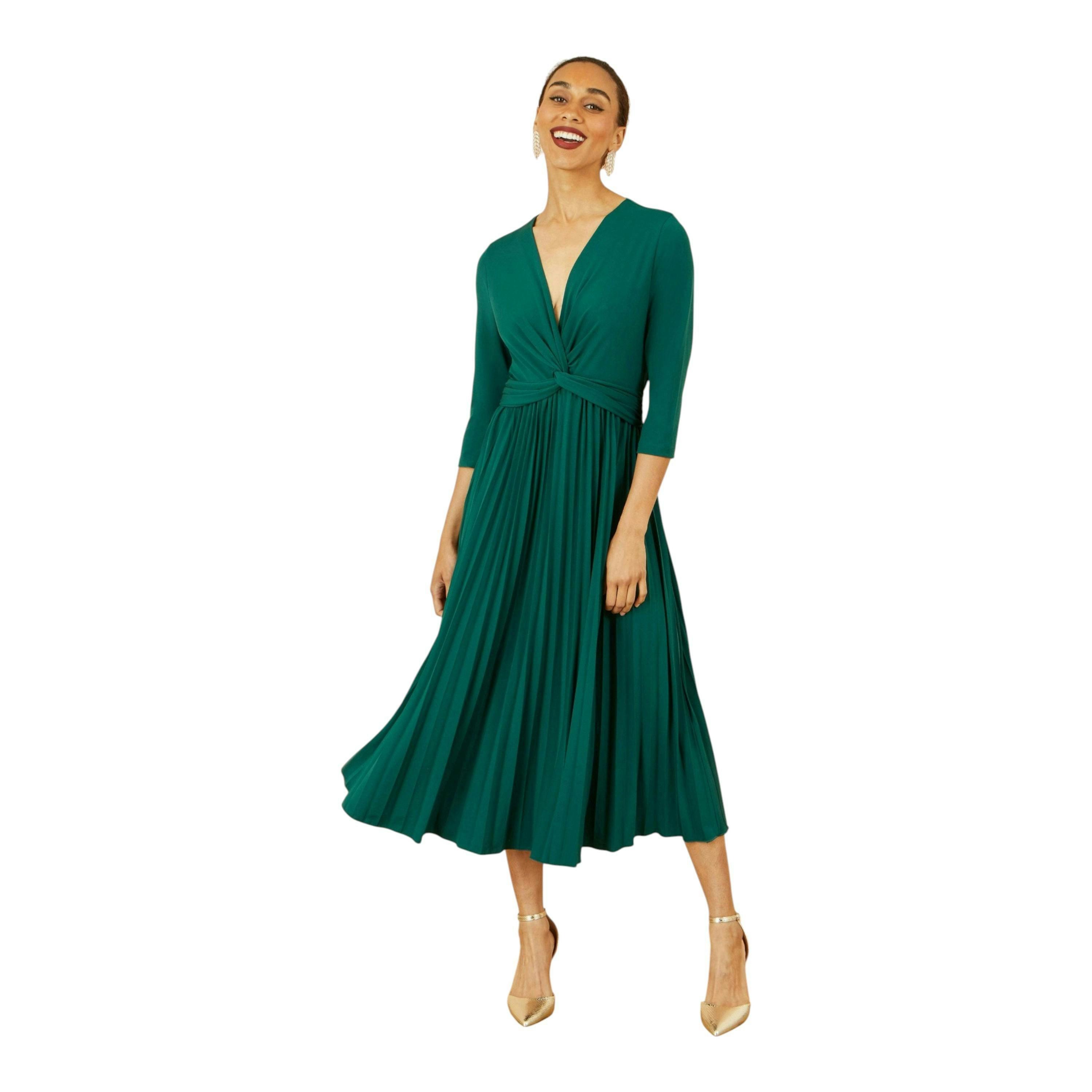 Yumi Green Jersey Knot Waist Pleated Midi Dress , view 2 of 6