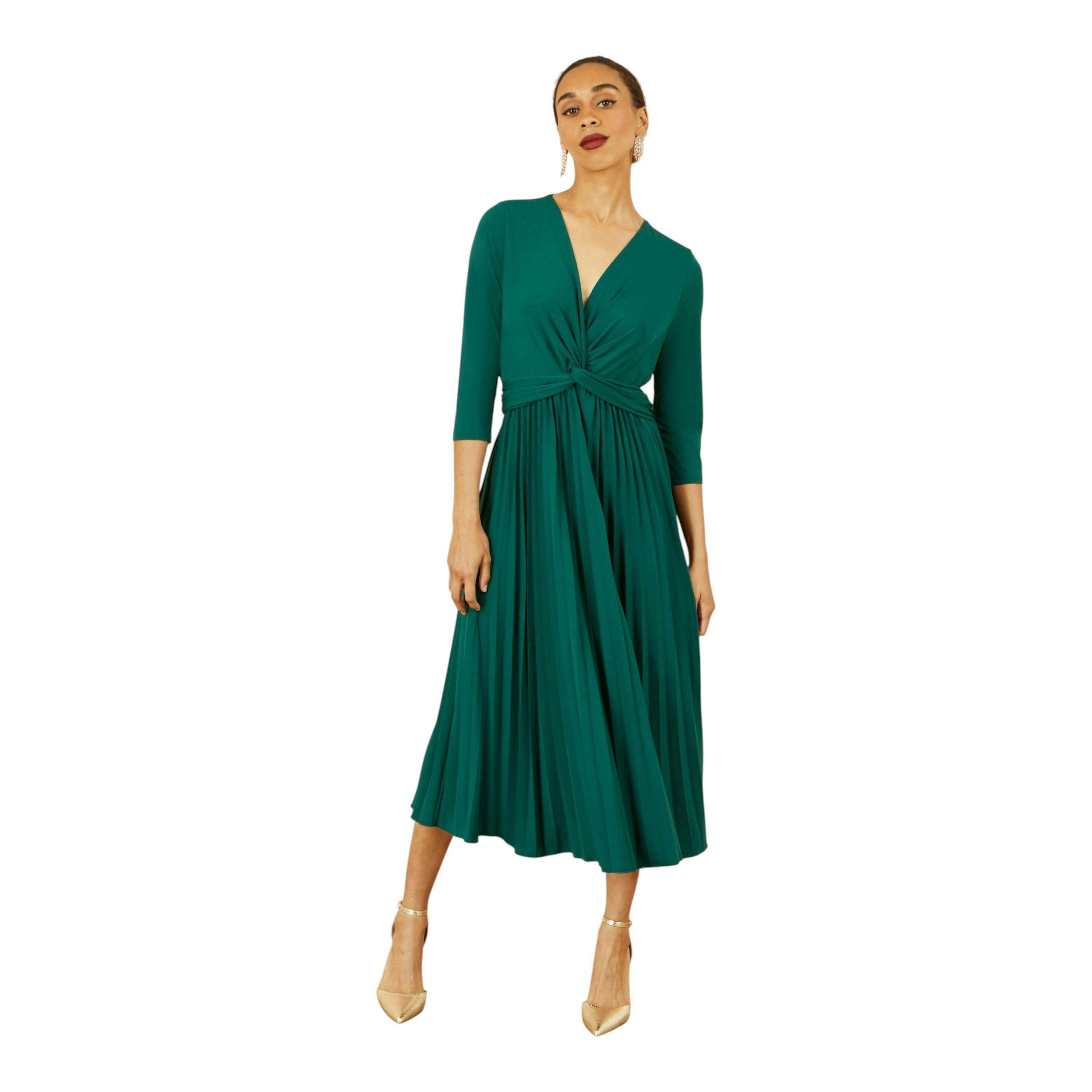 Yumi Green Jersey Knot Waist Pleated Midi Dress , view 5 of 6