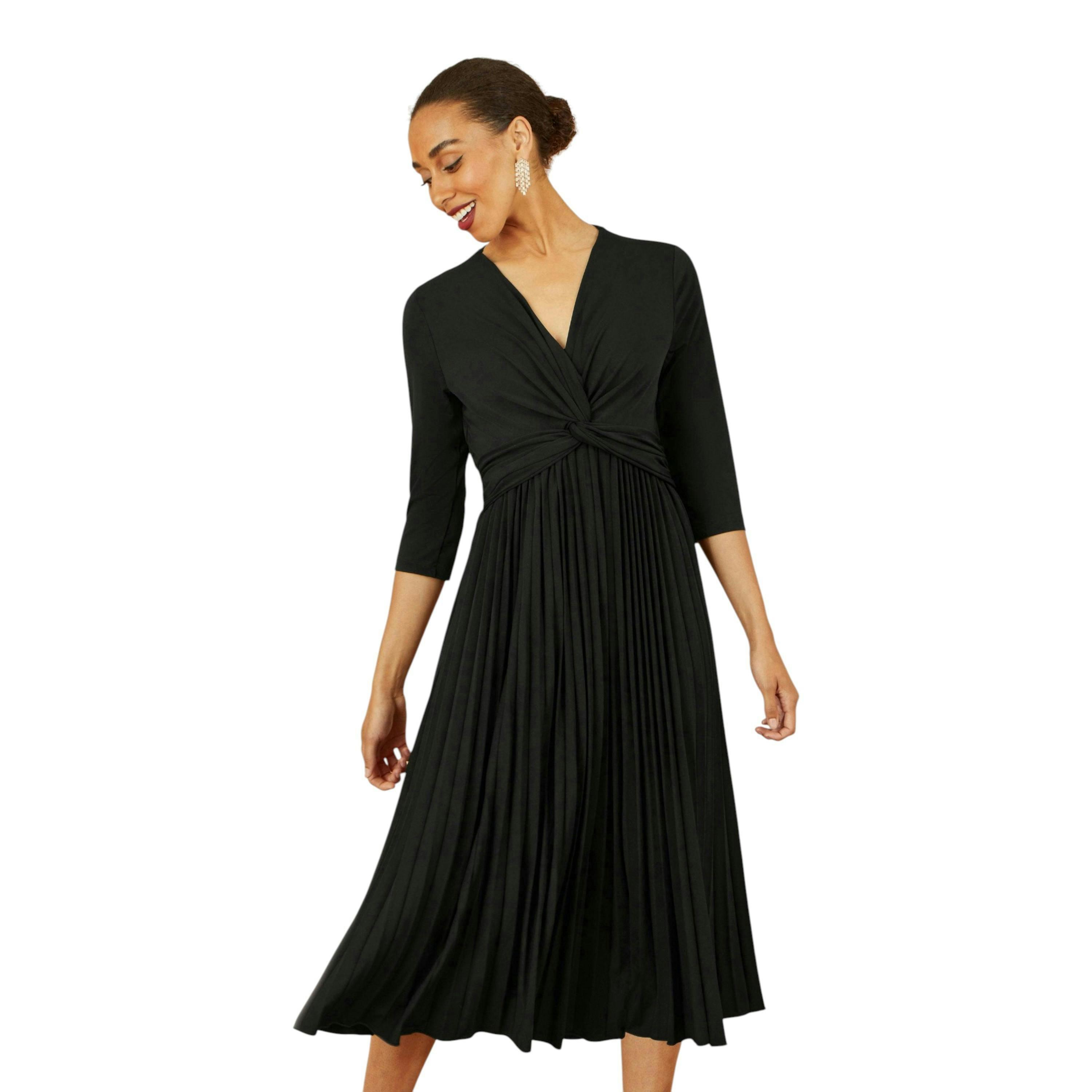 Yumi Black Jersey Knot Waist Pleated Midi Dress , view 1 of 5