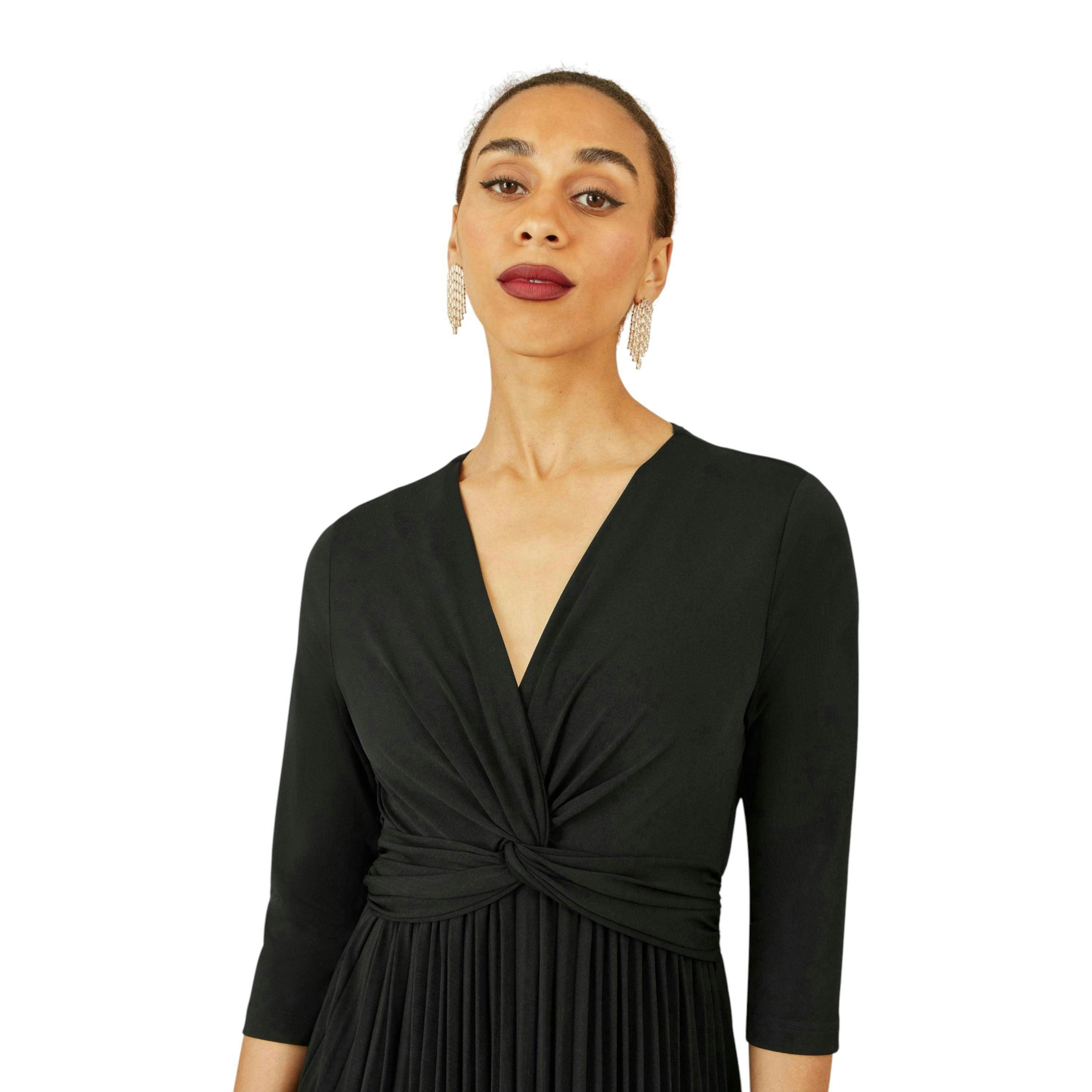 Yumi Black Jersey Knot Waist Pleated Midi Dress , view 2 of 5