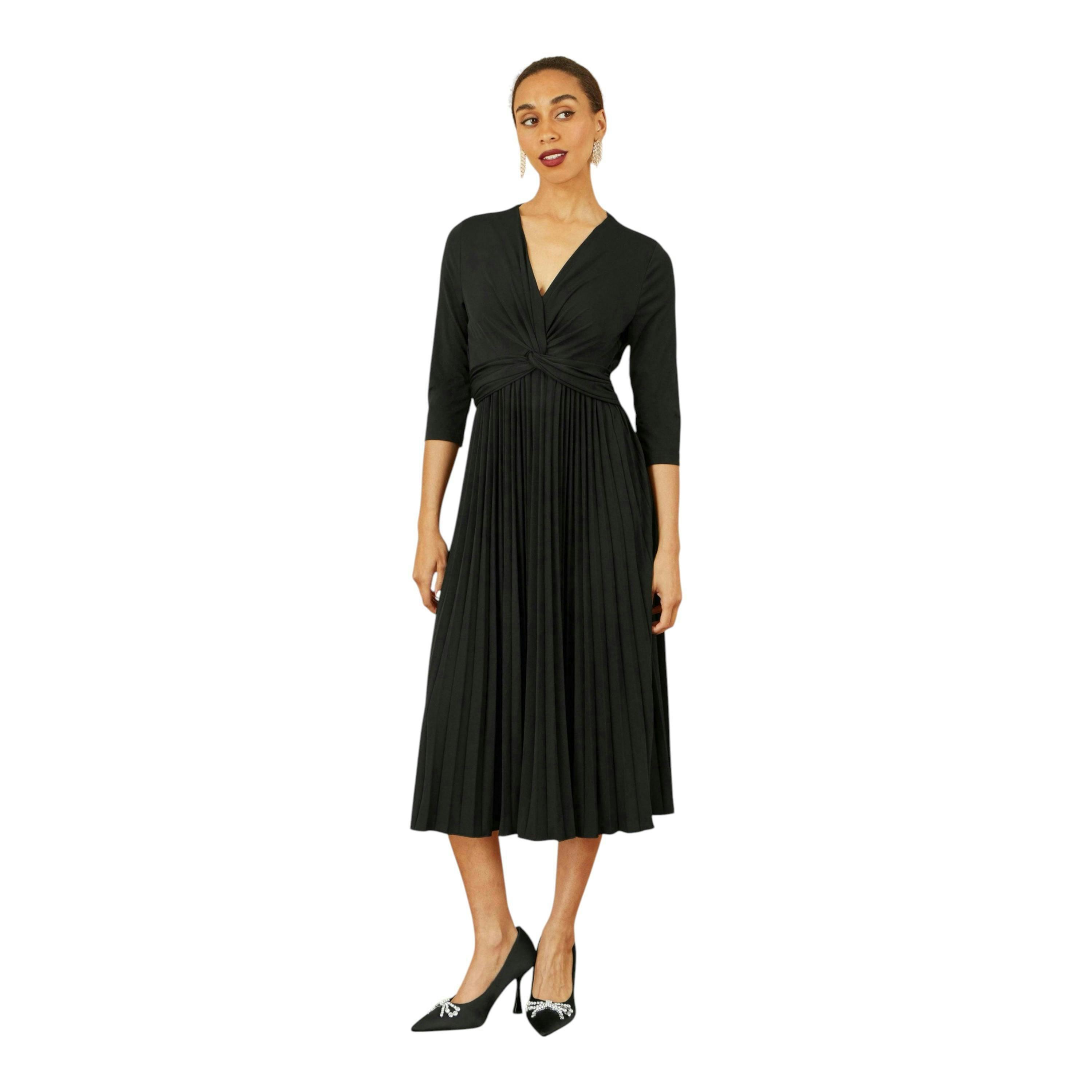 Yumi Black Jersey Knot Waist Pleated Midi Dress , view 3 of 5