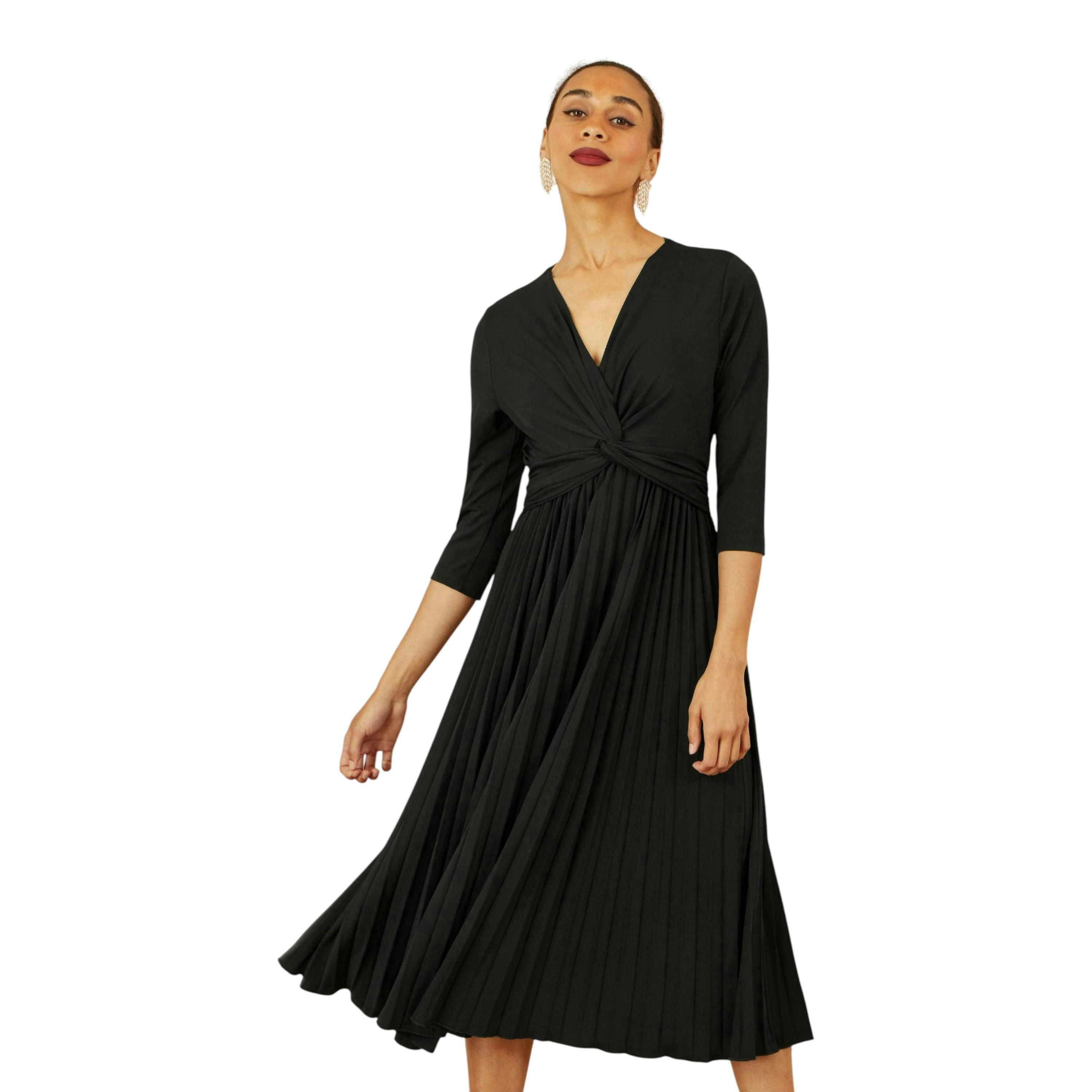 Yumi Black Jersey Knot Waist Pleated Midi Dress , view 4 of 5