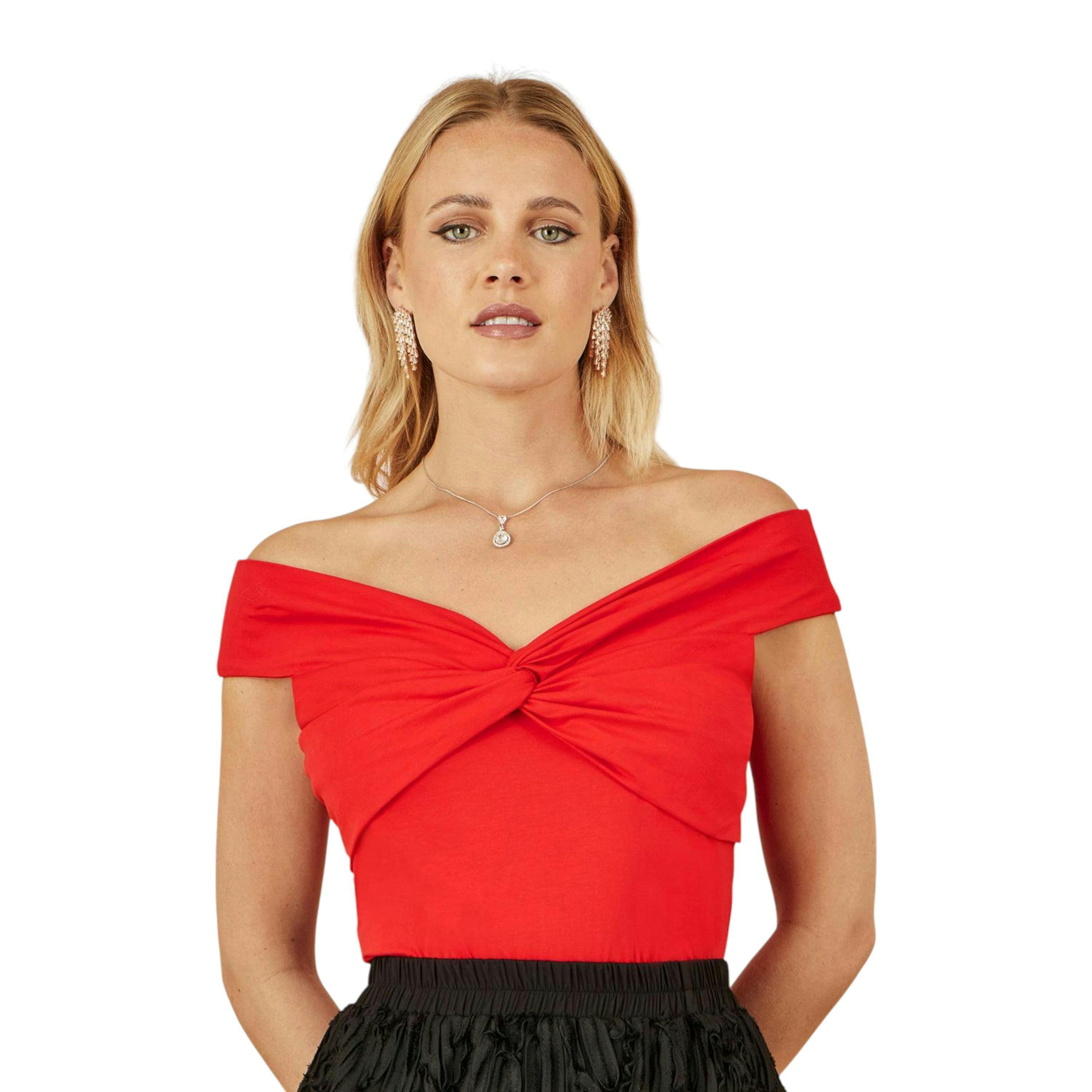 Yumi Red Jersey Cotton Bardot Top With Knot Detail , view 3 of 3