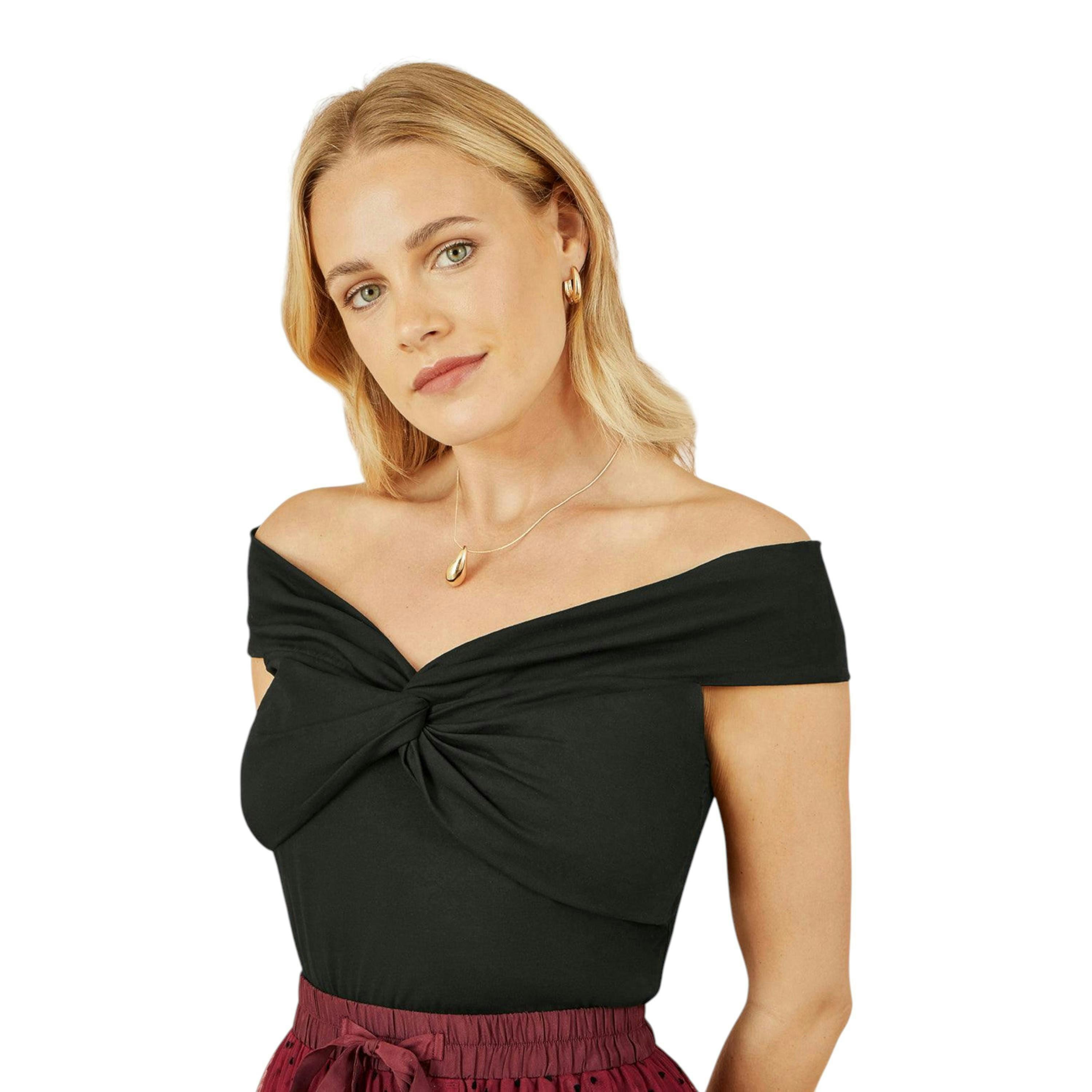 Yumi Black Jersey Cotton Bardot Top With Knot Detail , view 1 of 6
