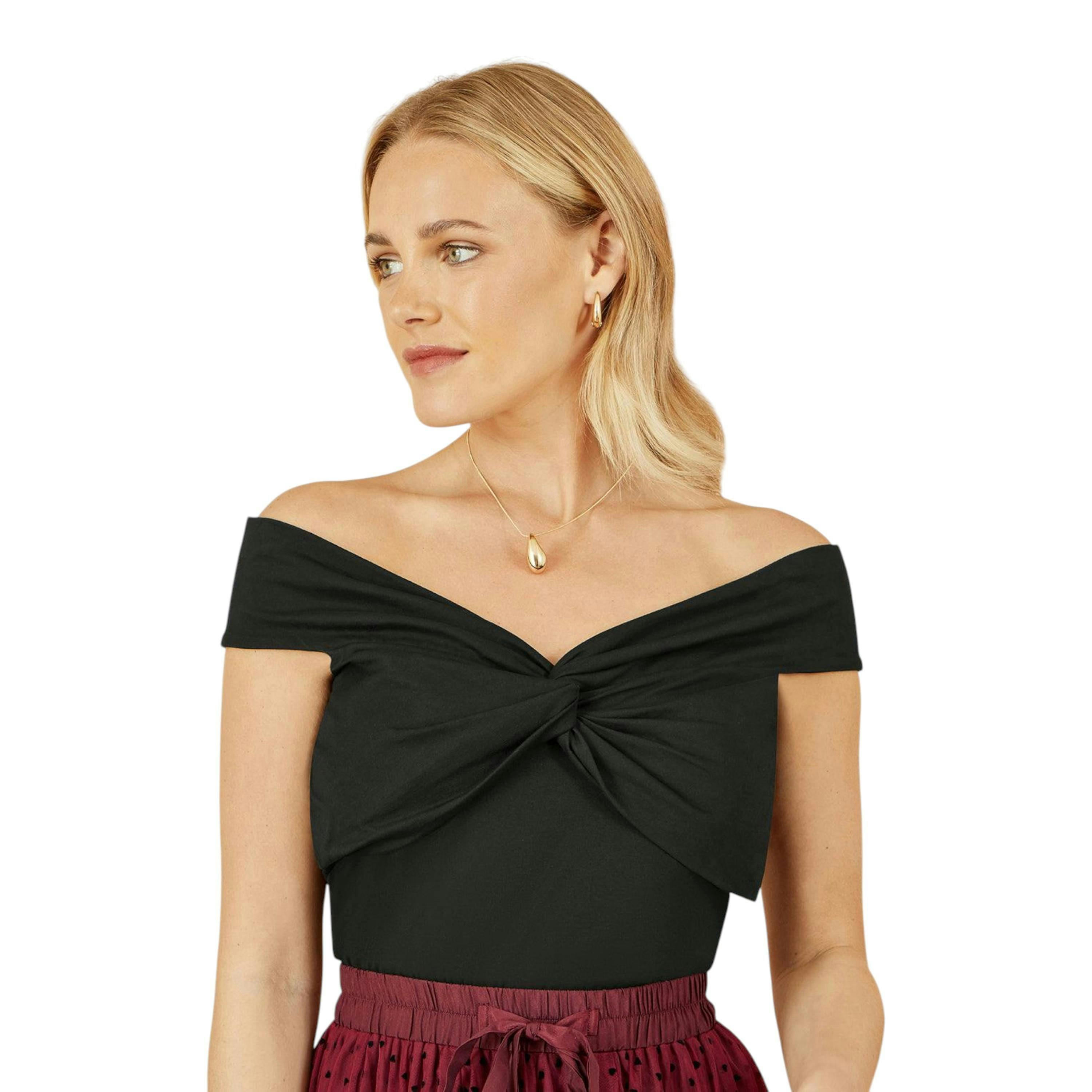 Yumi Black Jersey Cotton Bardot Top With Knot Detail , view 3 of 6