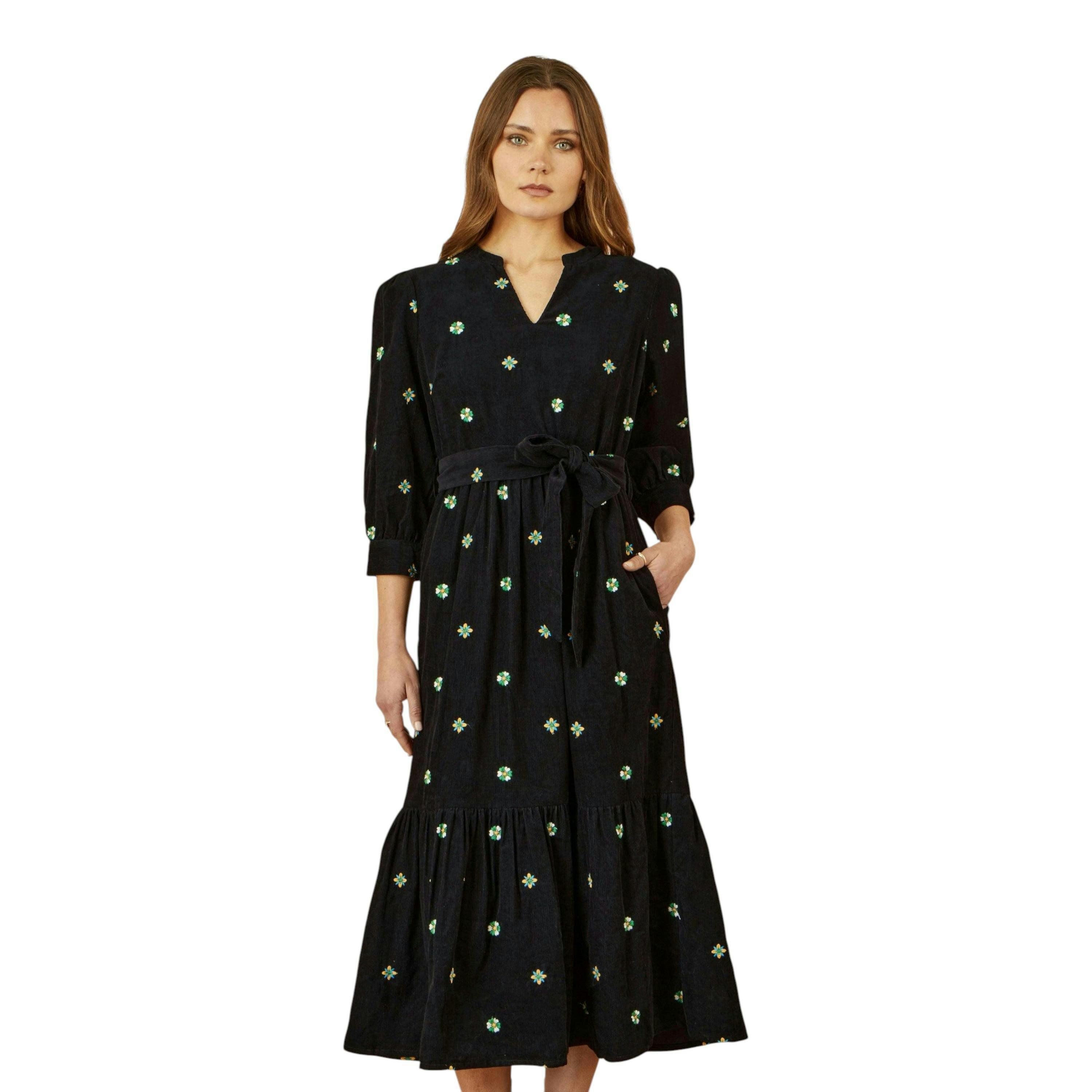 Yumi Black Flower Embroidery Midi Cord Dress , view 1 of 4