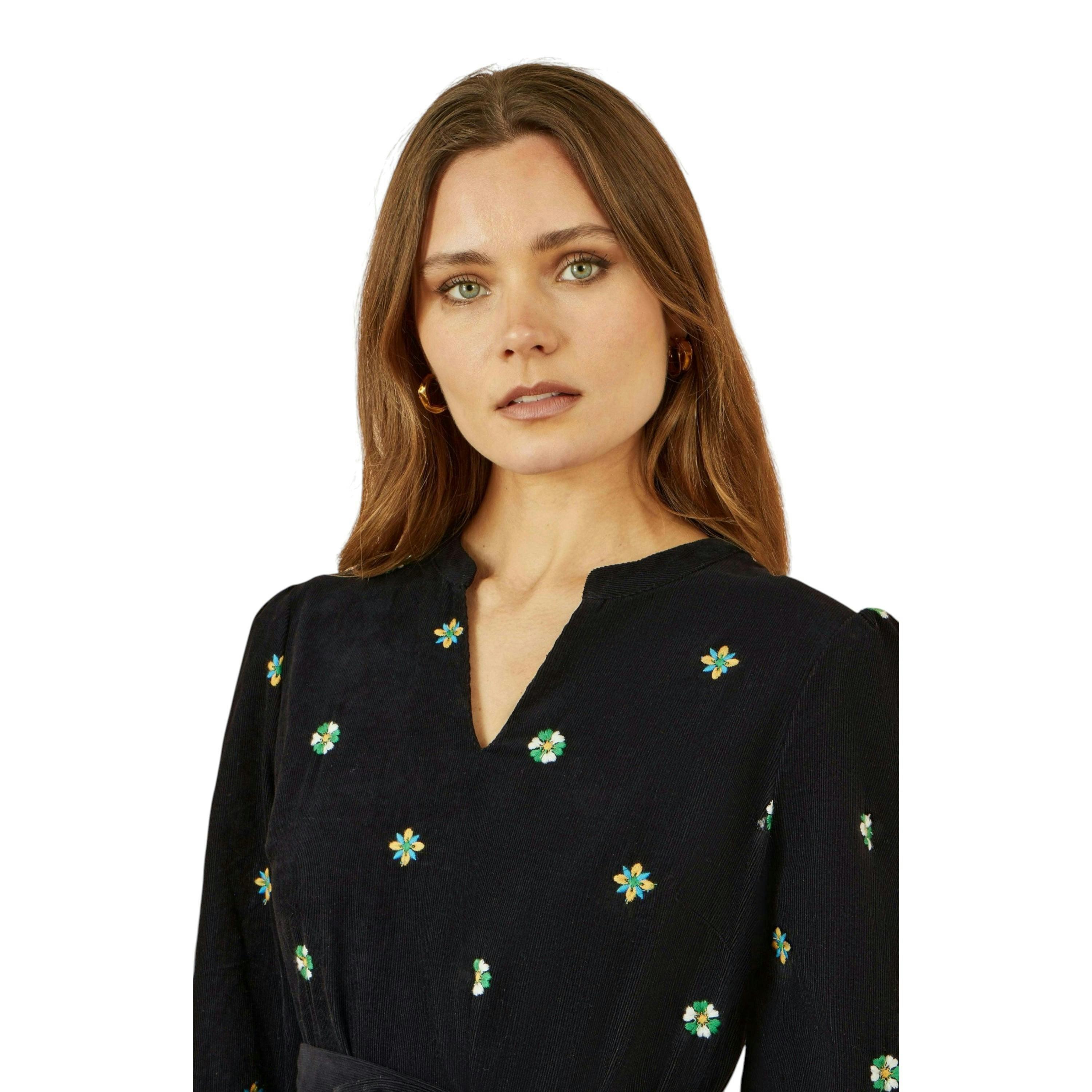 Yumi Black Flower Embroidery Midi Cord Dress , view 2 of 4