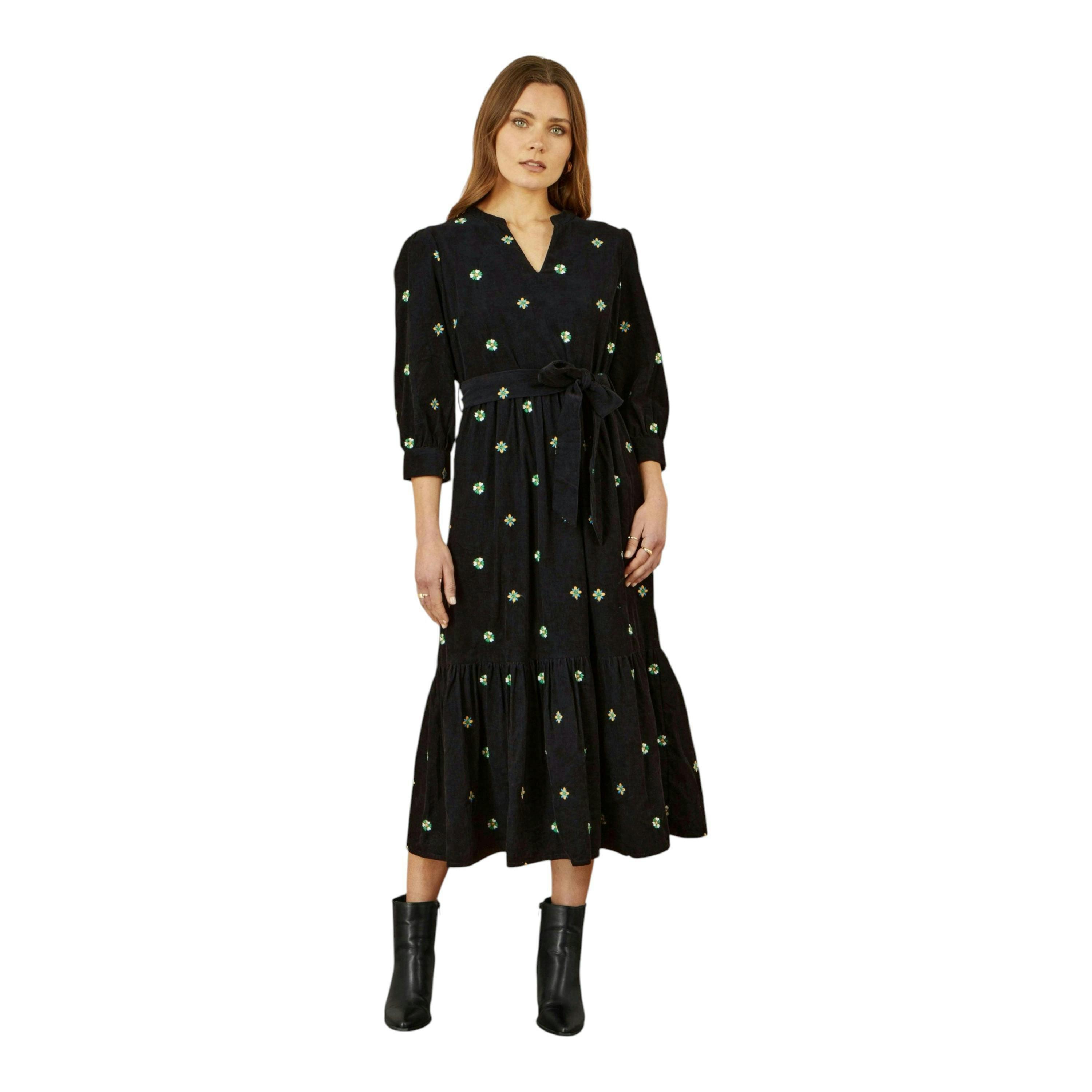 Yumi Black Flower Embroidery Midi Cord Dress , view 3 of 4