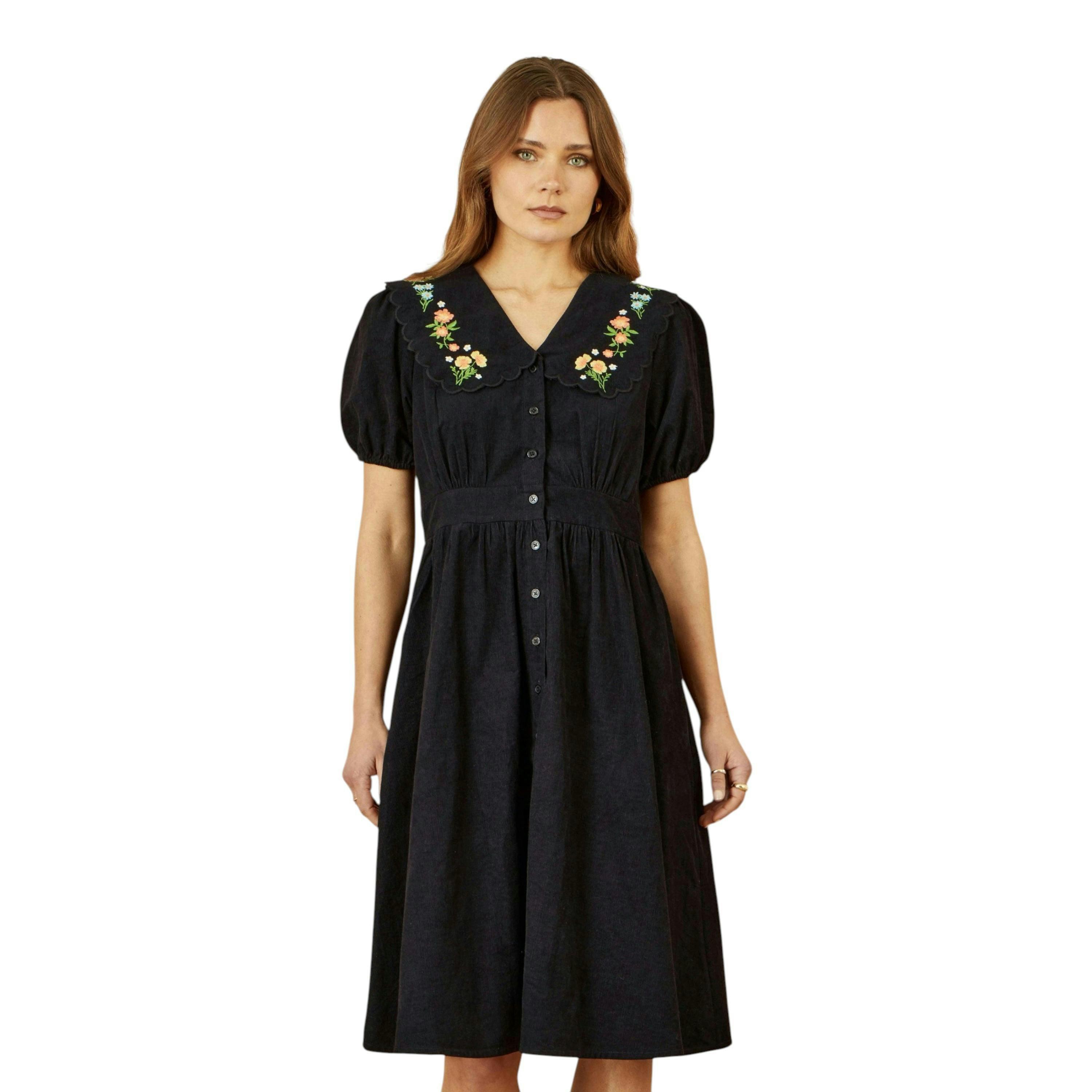 Yumi Black Long Sleeve Midi Dress With Floral Embroidery , view 1 of 4