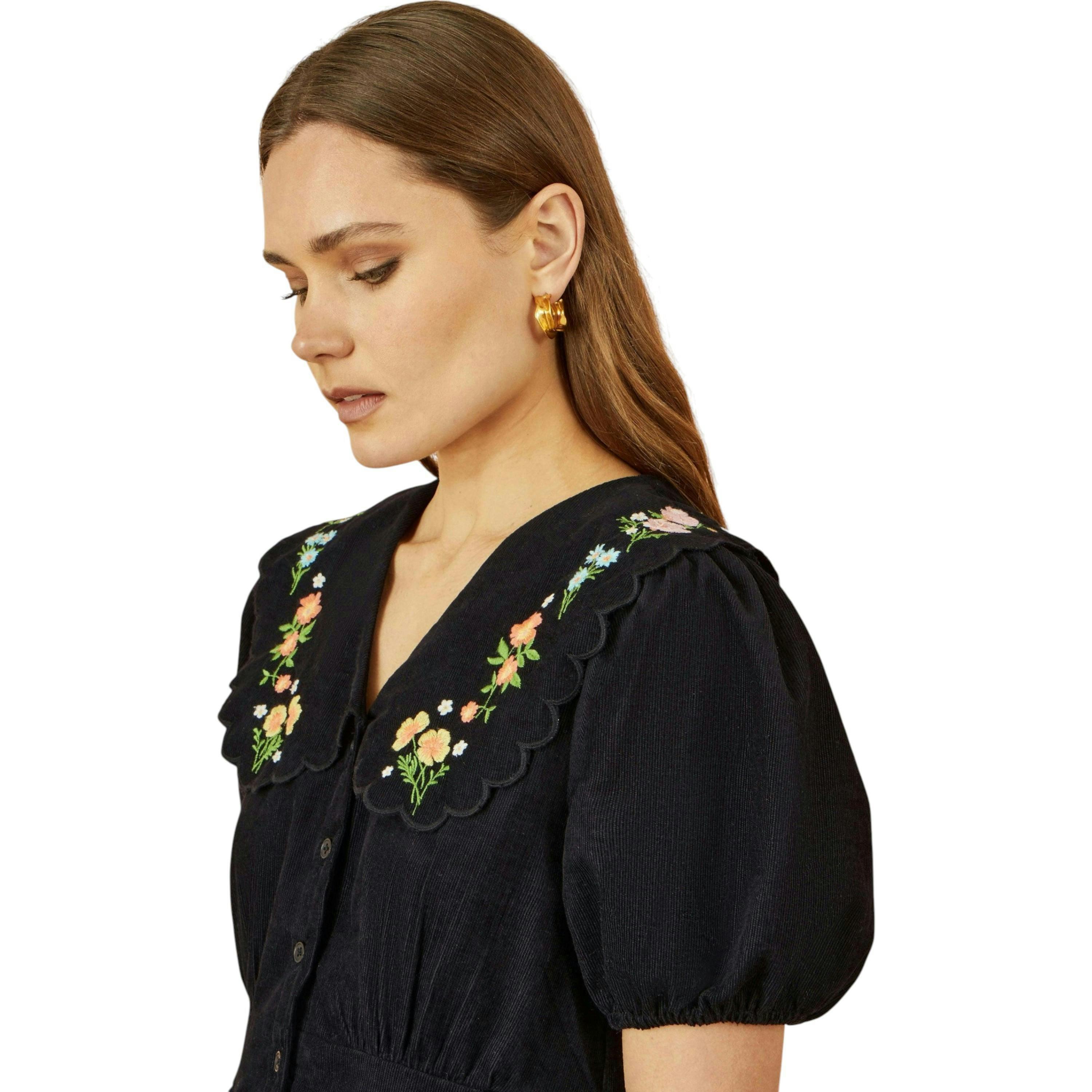 Yumi Black Short Sleeve Midi Dress With Floral Embroidery , view 2 of 4