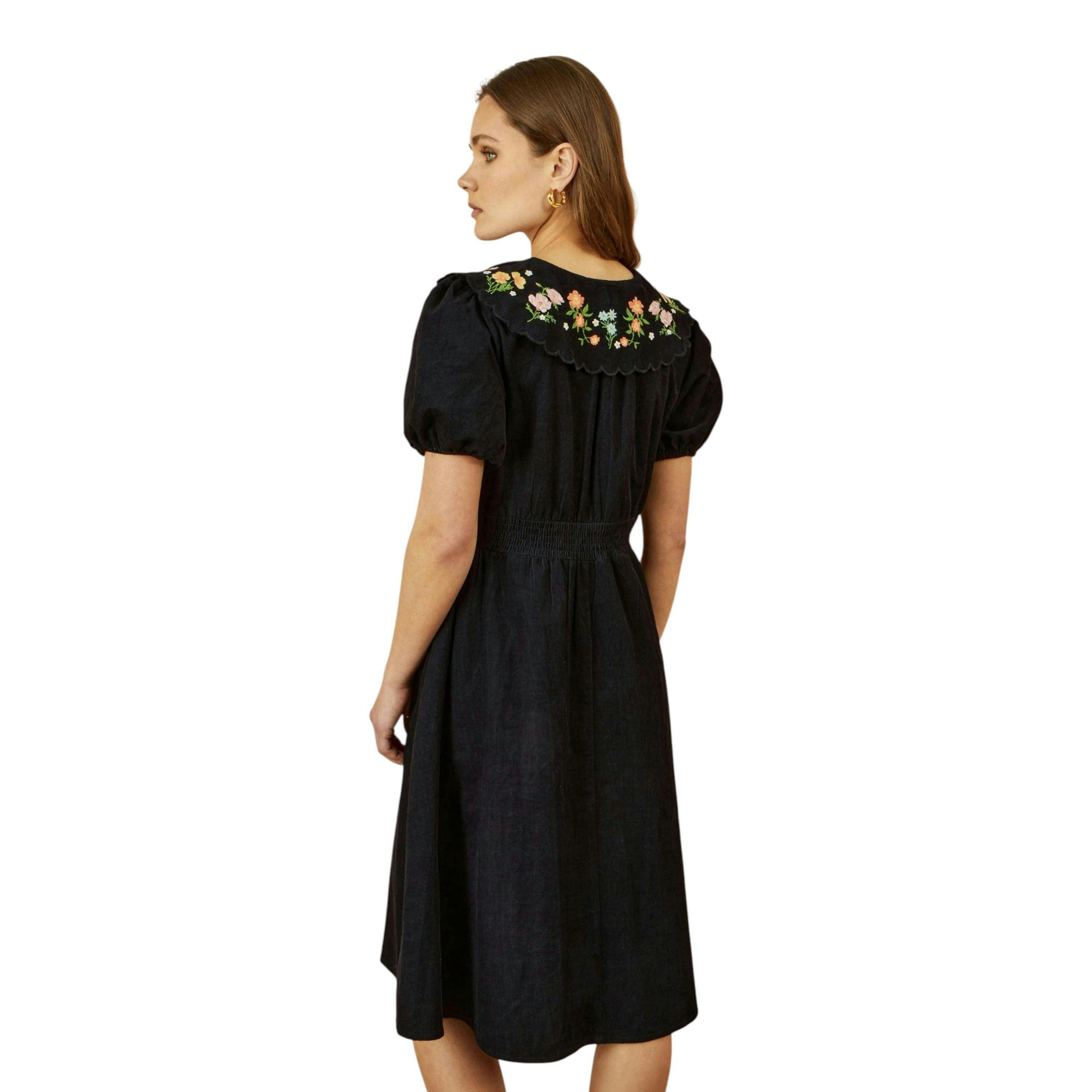 Yumi Black Short Sleeve Midi Dress With Floral Embroidery , view 3 of 4