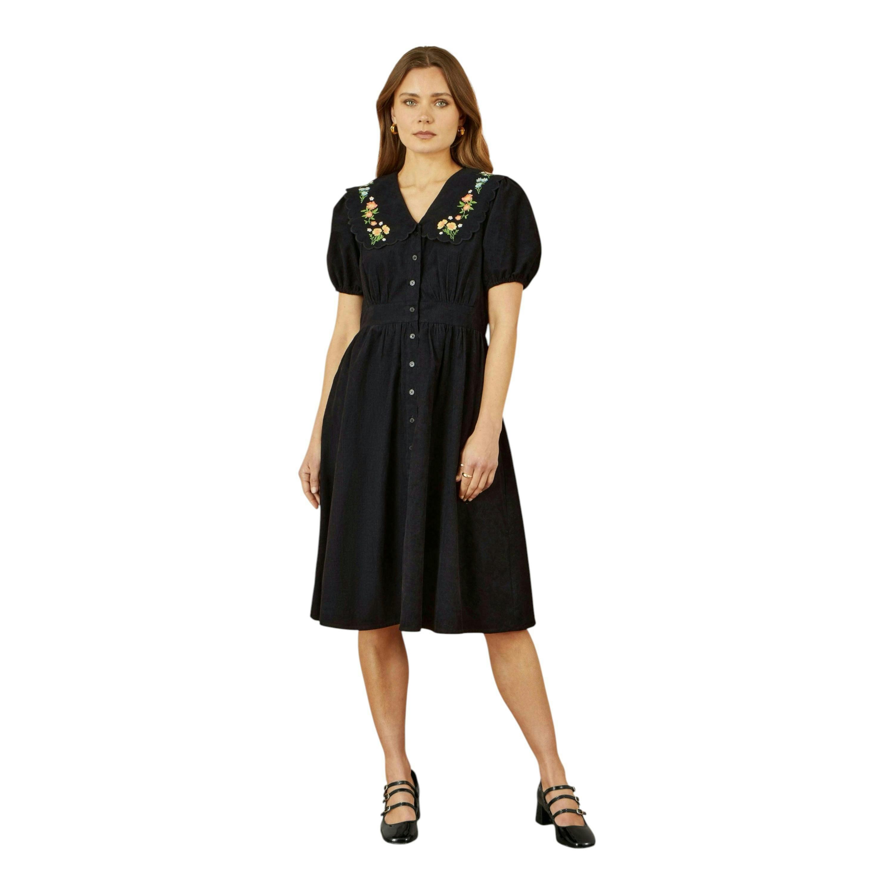 Yumi Black Short Sleeve Midi Dress With Floral Embroidery , view 4 of 4