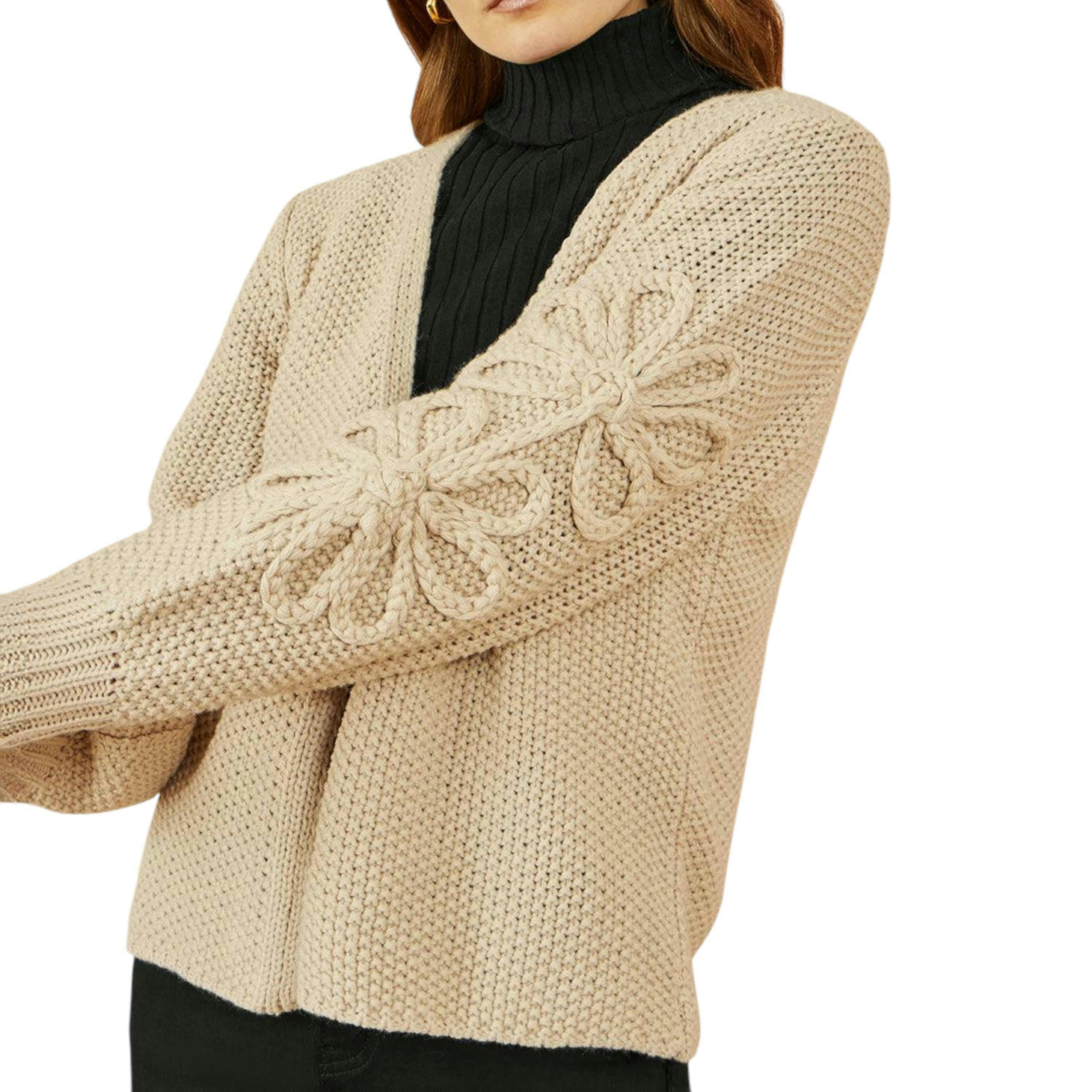 Yumi Beige Edge to Edge Cardigan With Flower Detail Sleeves , view 1 of 5