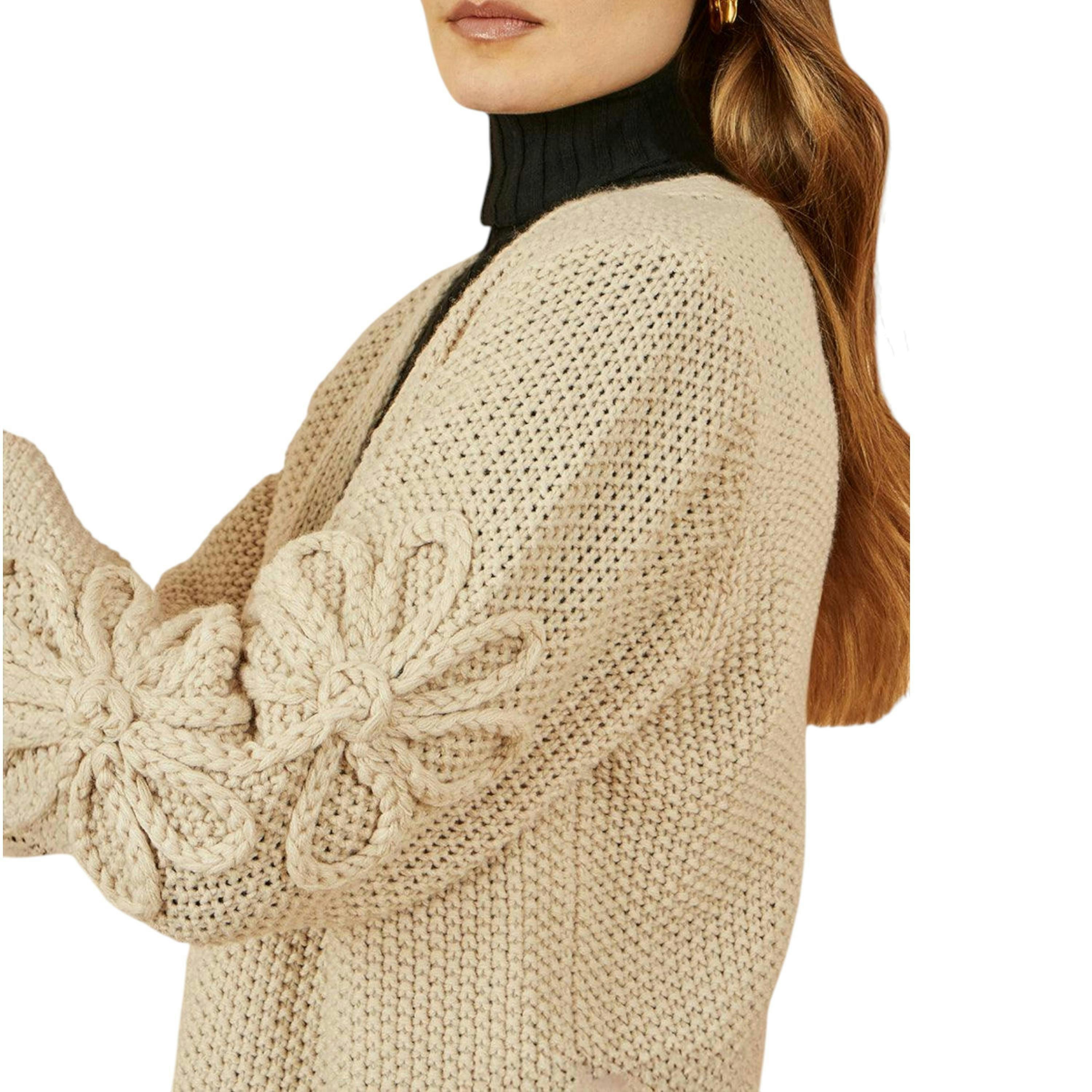 Yumi Beige Edge to Edge Cardigan With Flower Detail Sleeves , view 3 of 5