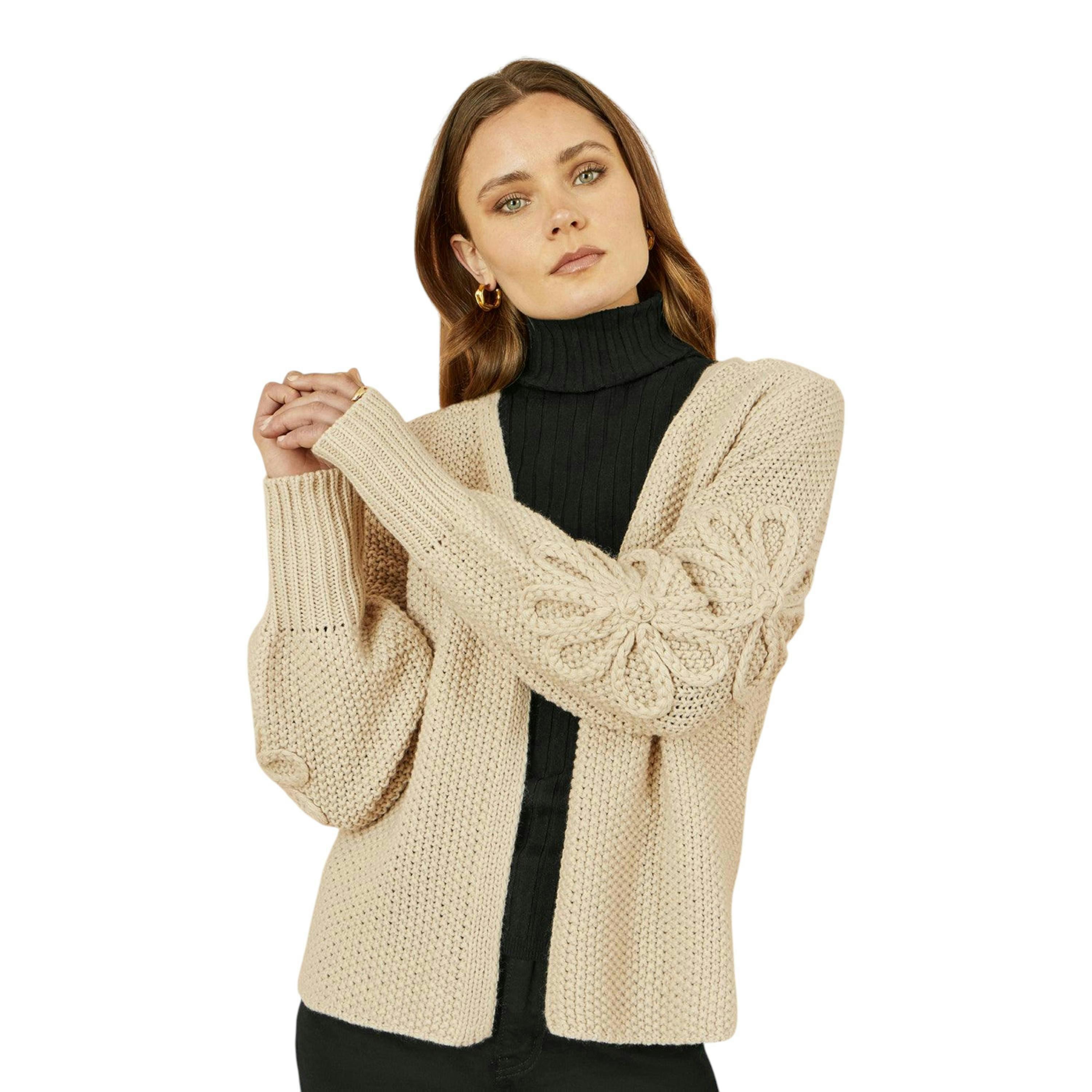 Yumi Beige Edge to Edge Cardigan With Flower Detail Sleeves , view 4 of 5