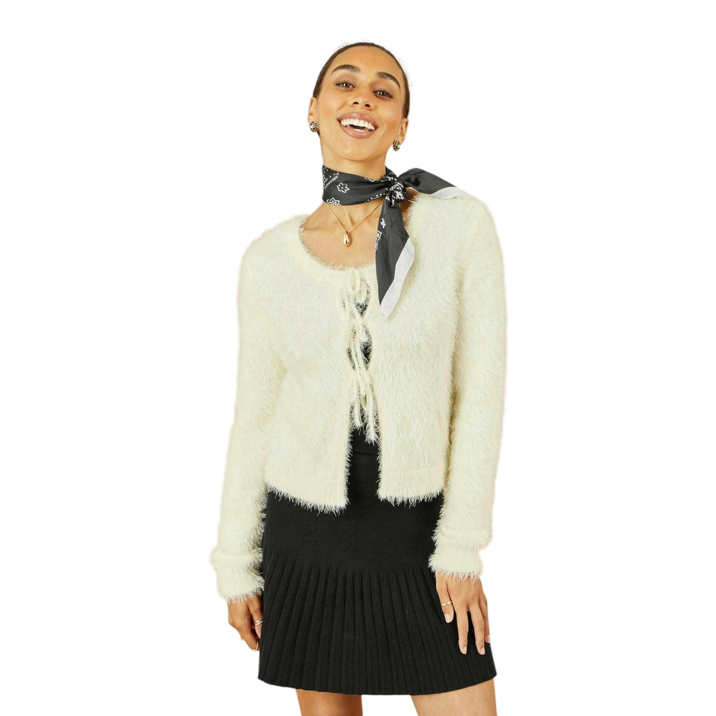 Yumi Ivory Eyelash Fluffy Knit Bolero With Tie Front , view 2 of 5