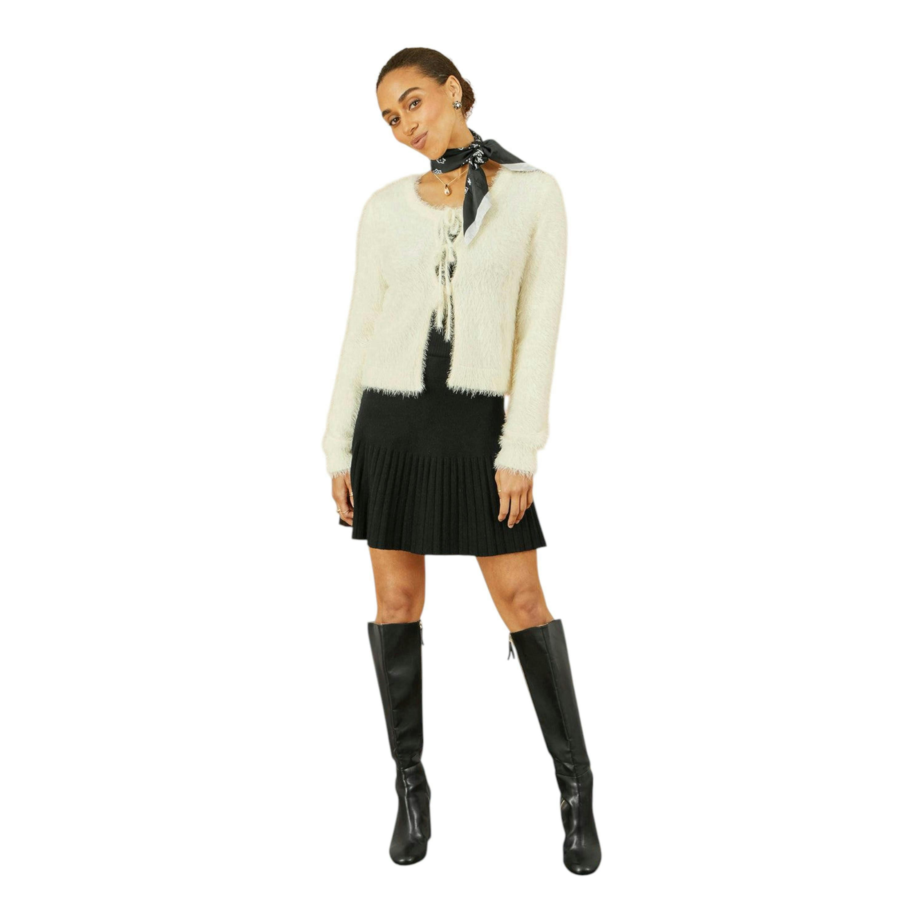 Yumi Ivory Eyelash Fluffy Knit Bolero With Tie Front , view 3 of 5