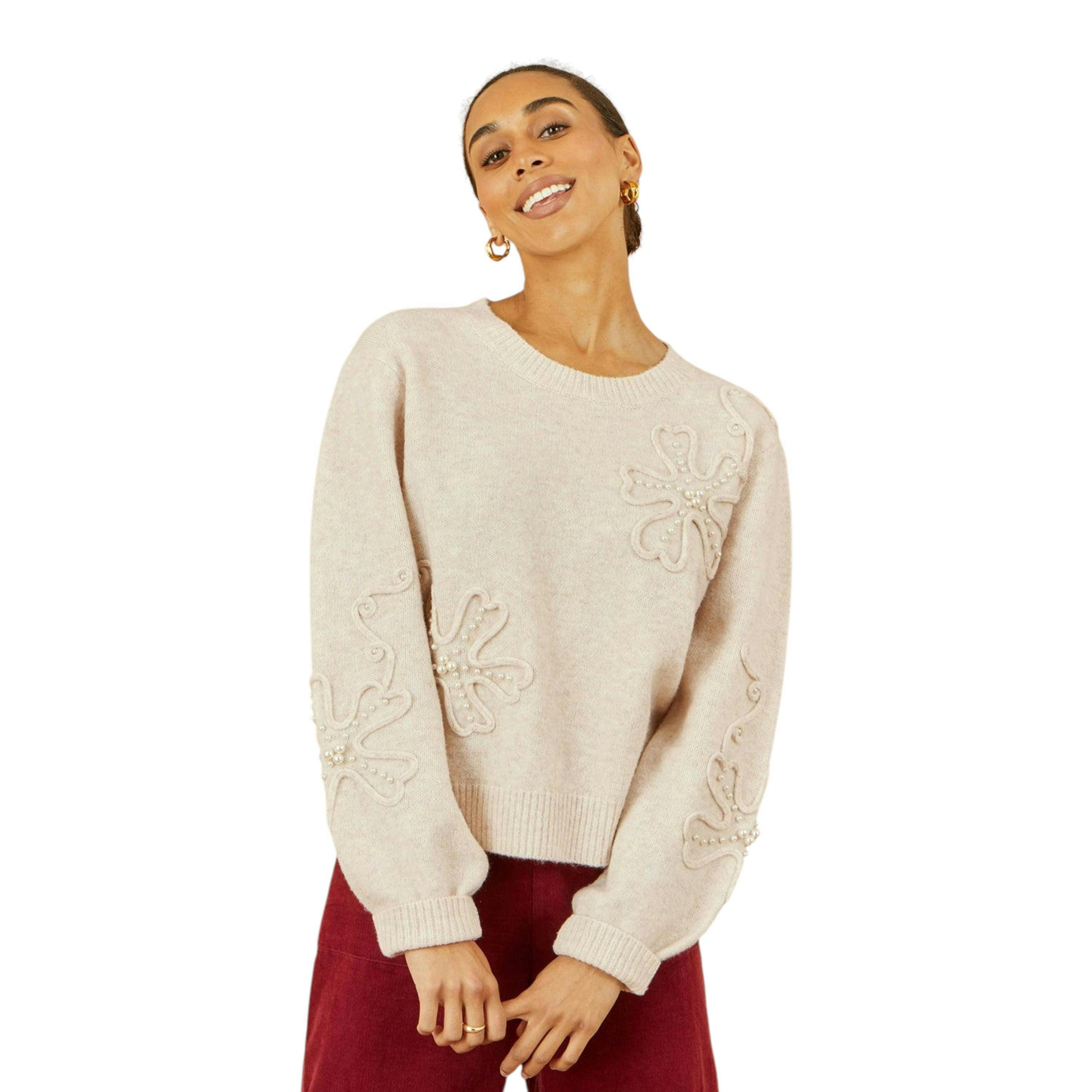 Yumi Oatmeal Knitted Jumper With Floral Applique , view 2 of 5