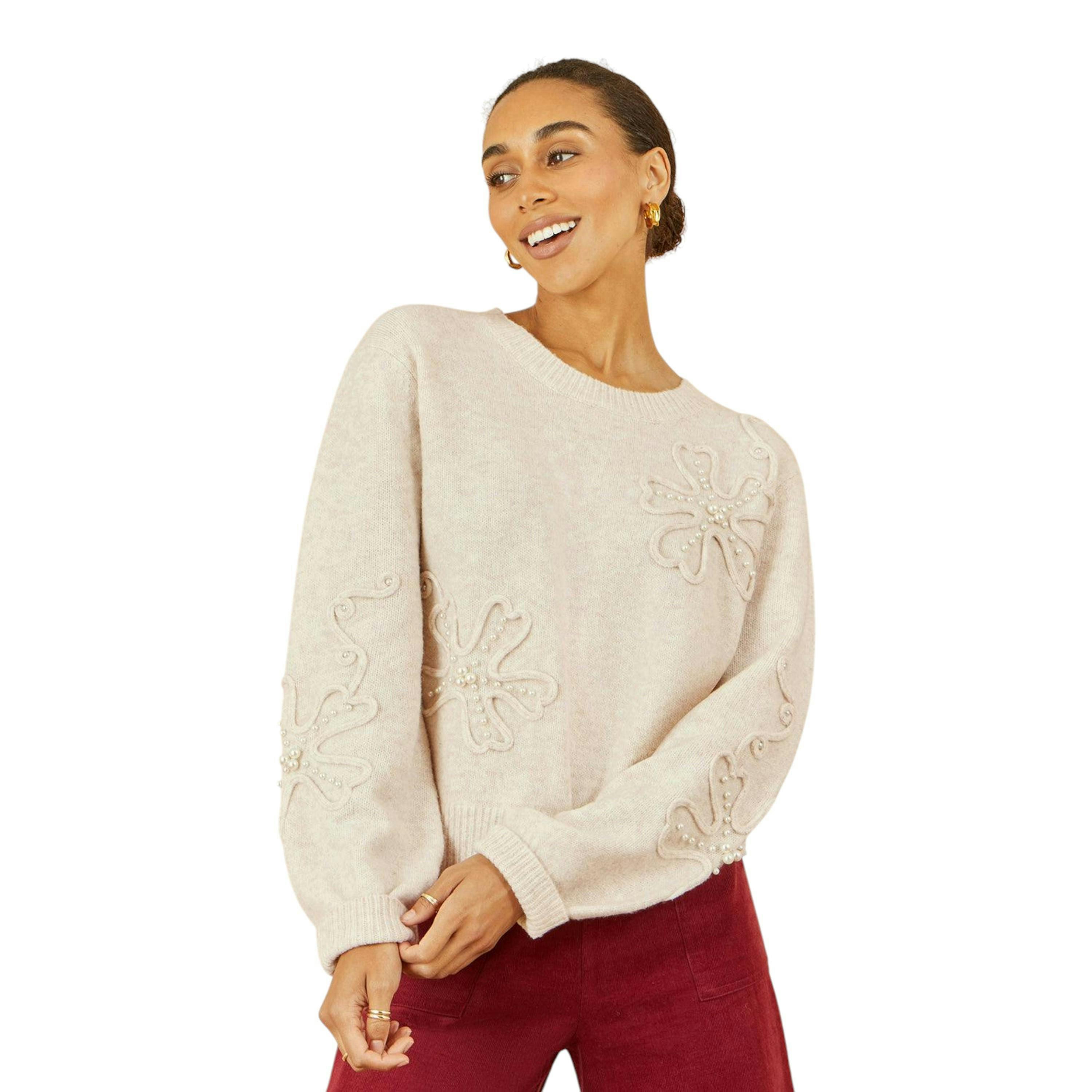 Yumi Oatmeal Knitted Jumper With Floral Applique , view 3 of 5