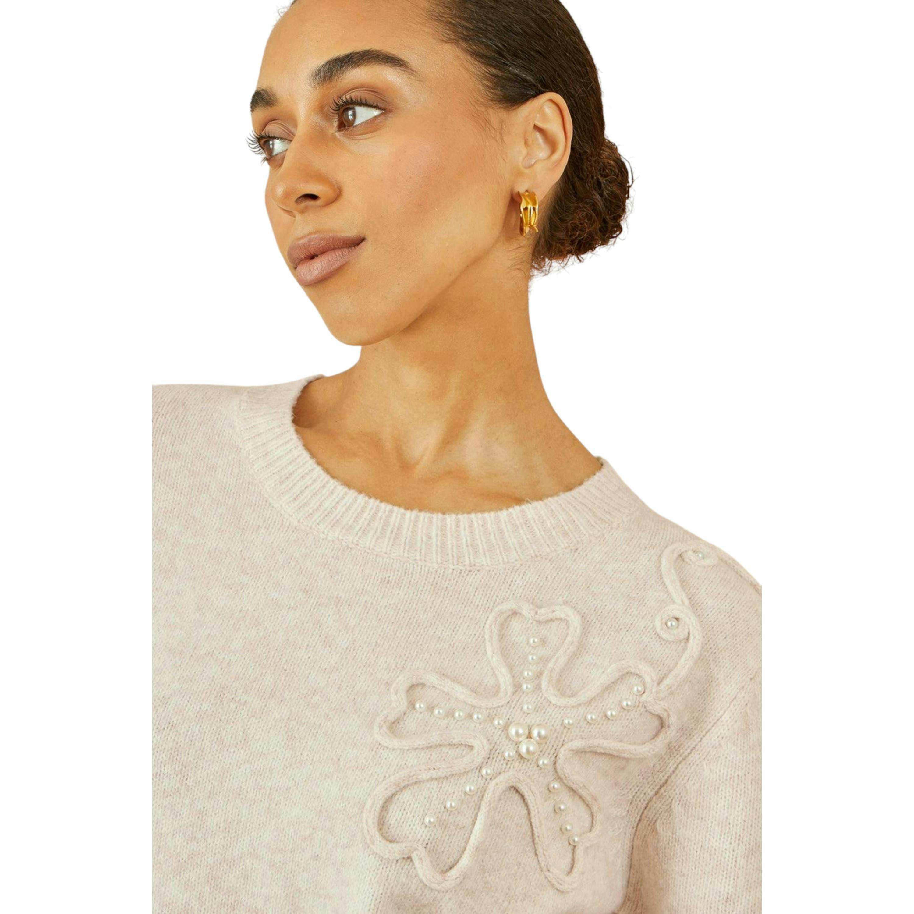 Yumi Oatmeal Knitted Jumper With Floral Applique , view 5 of 5