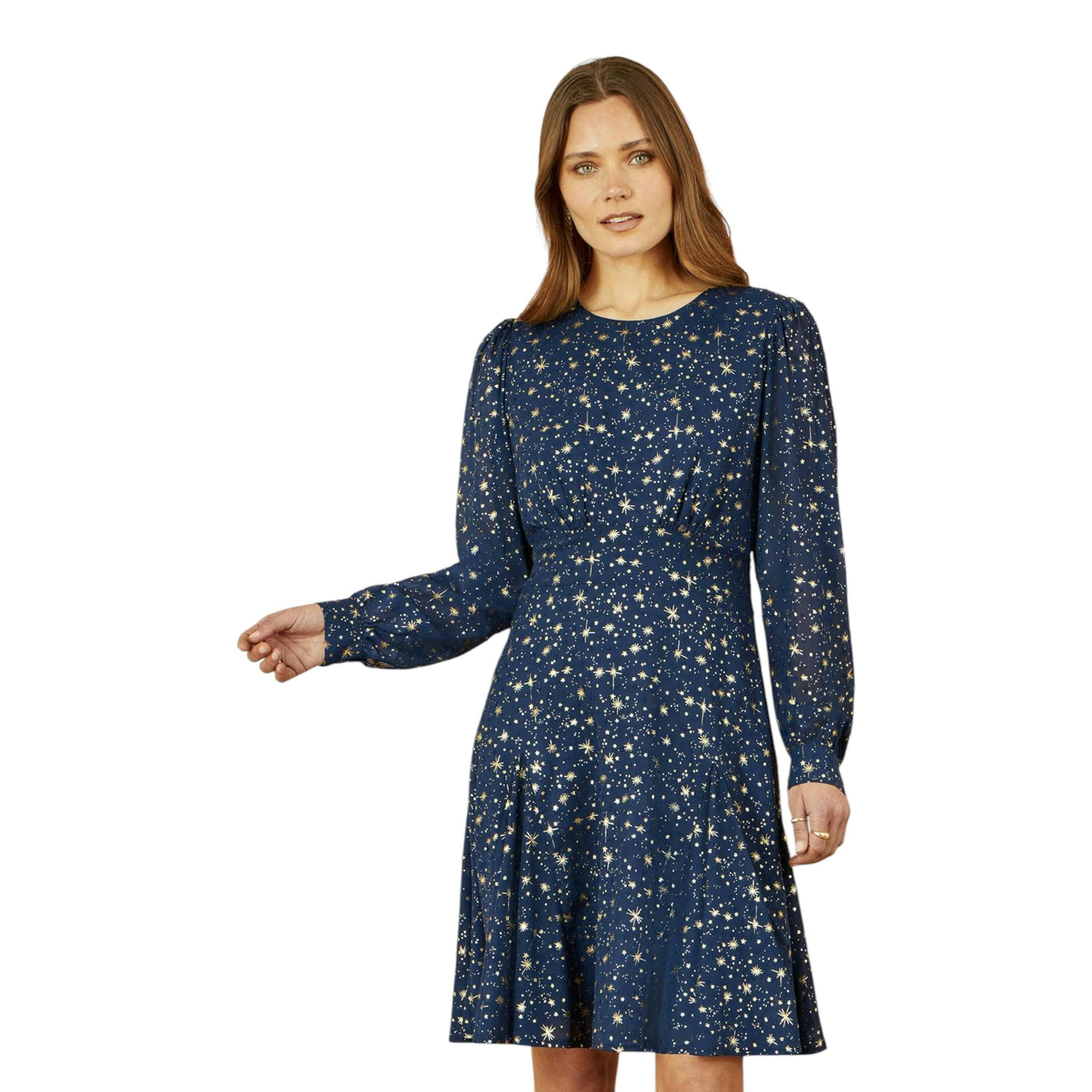 Yumi Navy Star Print Foil Long Sleeve Dress , view 1 of 6