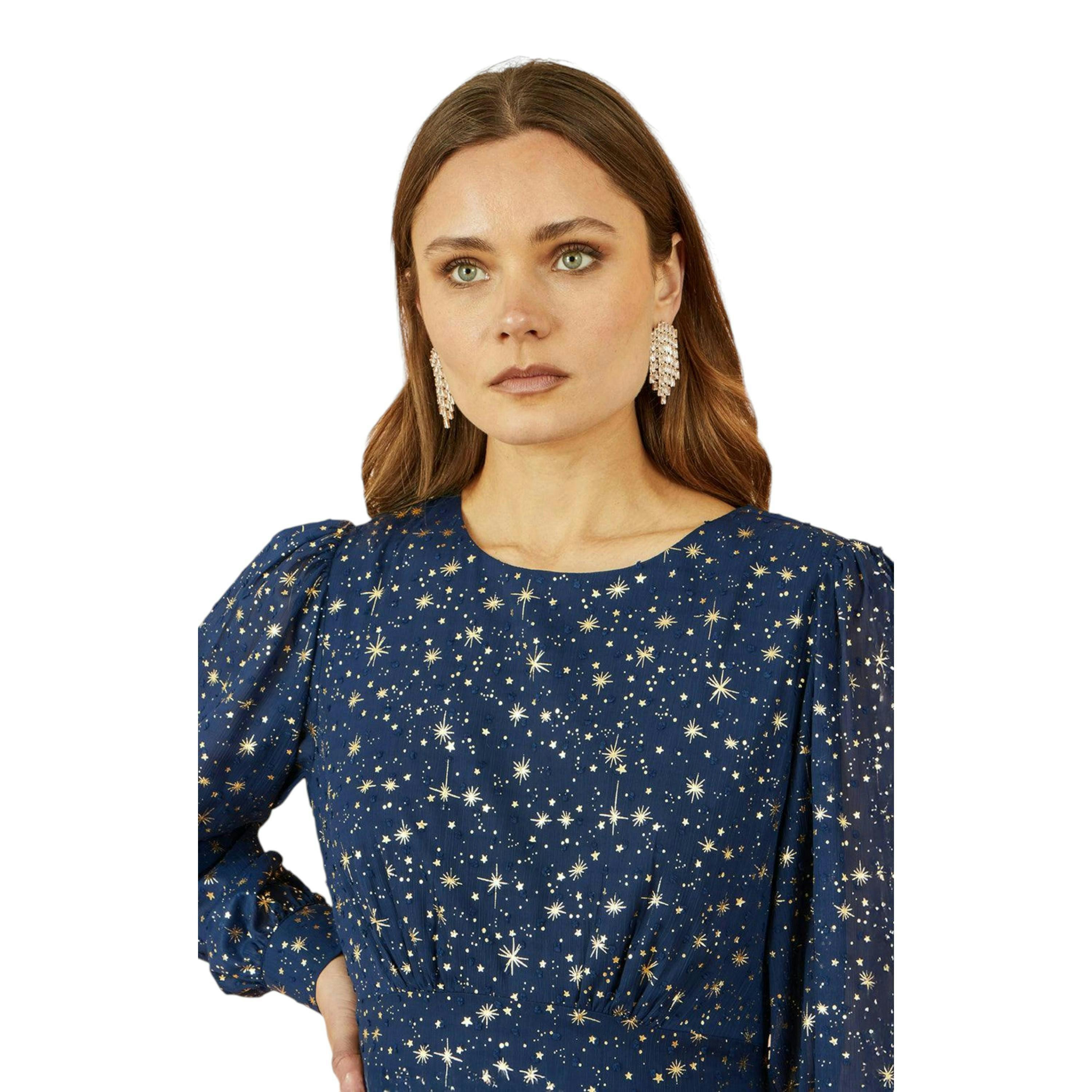 Yumi Navy Star Print Foil Long Sleeve Dress , view 2 of 6