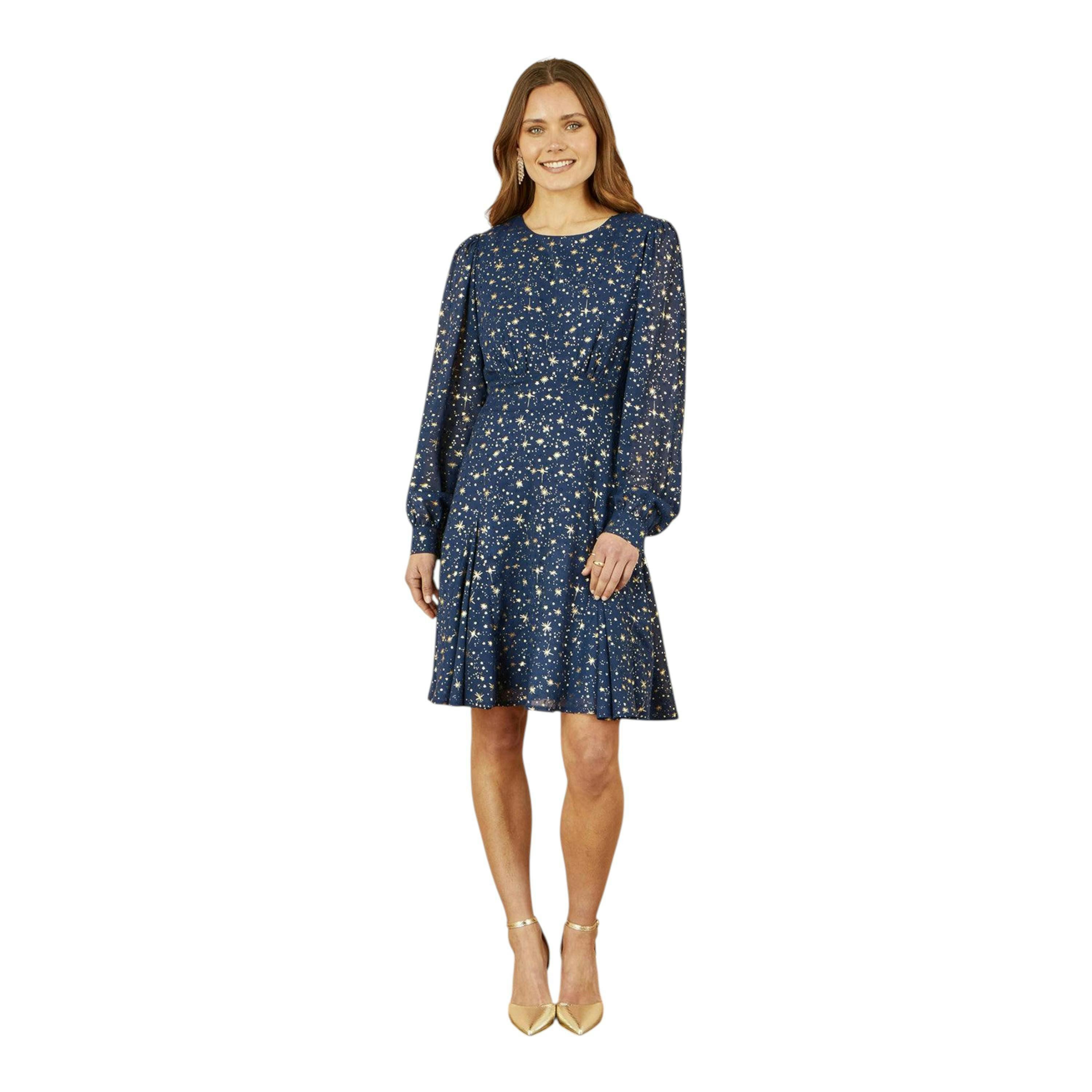 Yumi Navy Star Print Foil Long Sleeve Dress , view 3 of 6