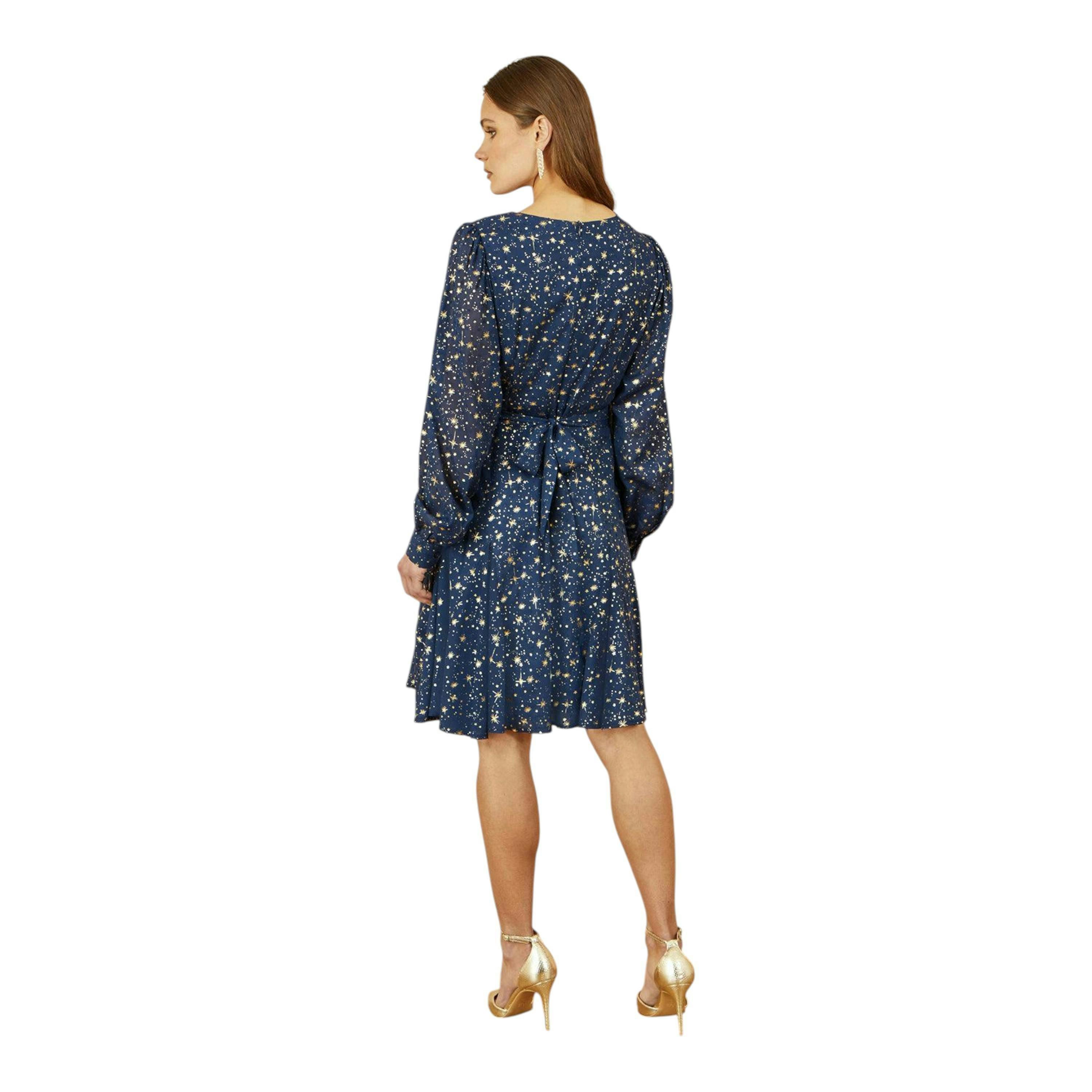 Yumi Navy Star Print Foil Long Sleeve Dress , view 4 of 6