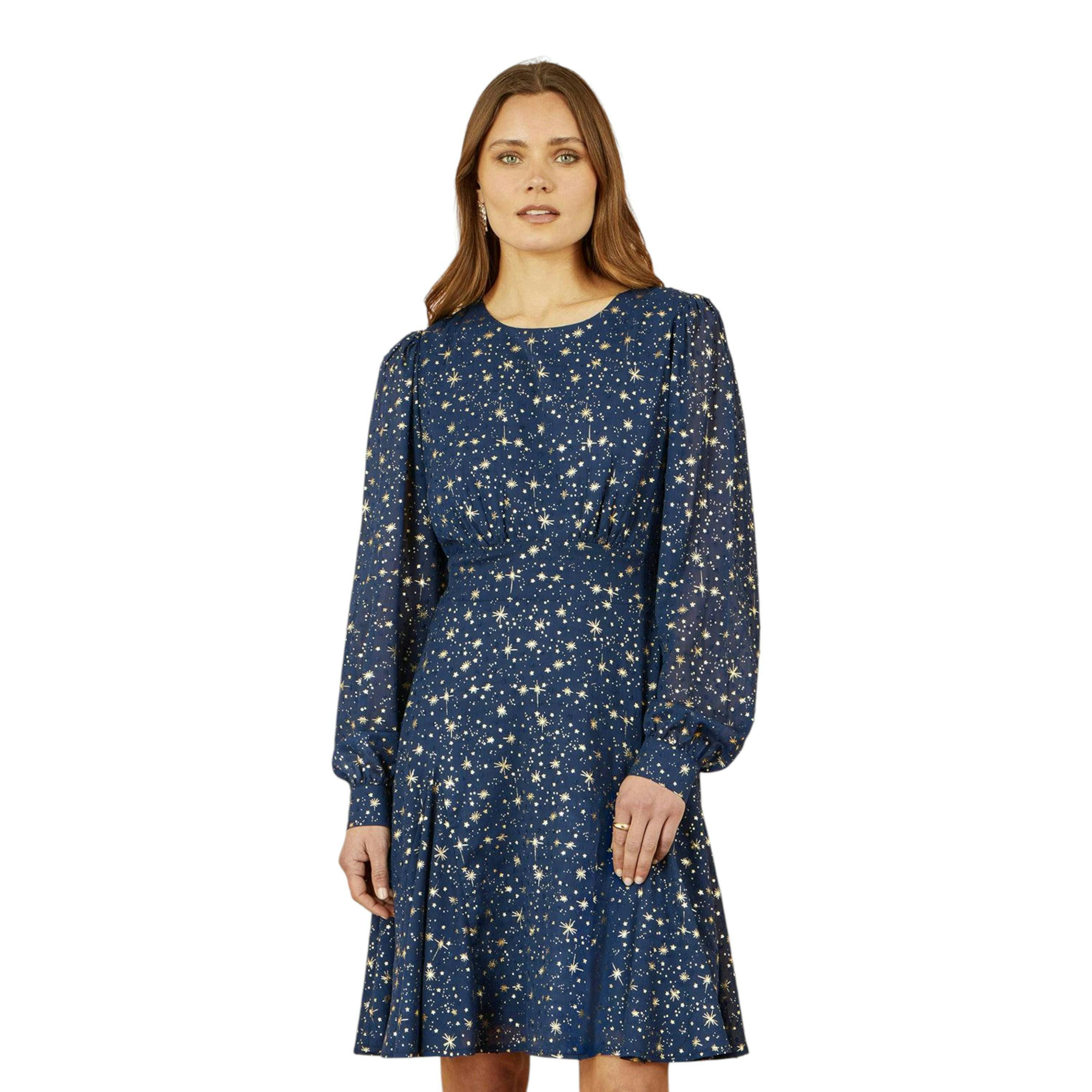 Yumi Navy Star Print Foil Long Sleeve Dress , view 5 of 6