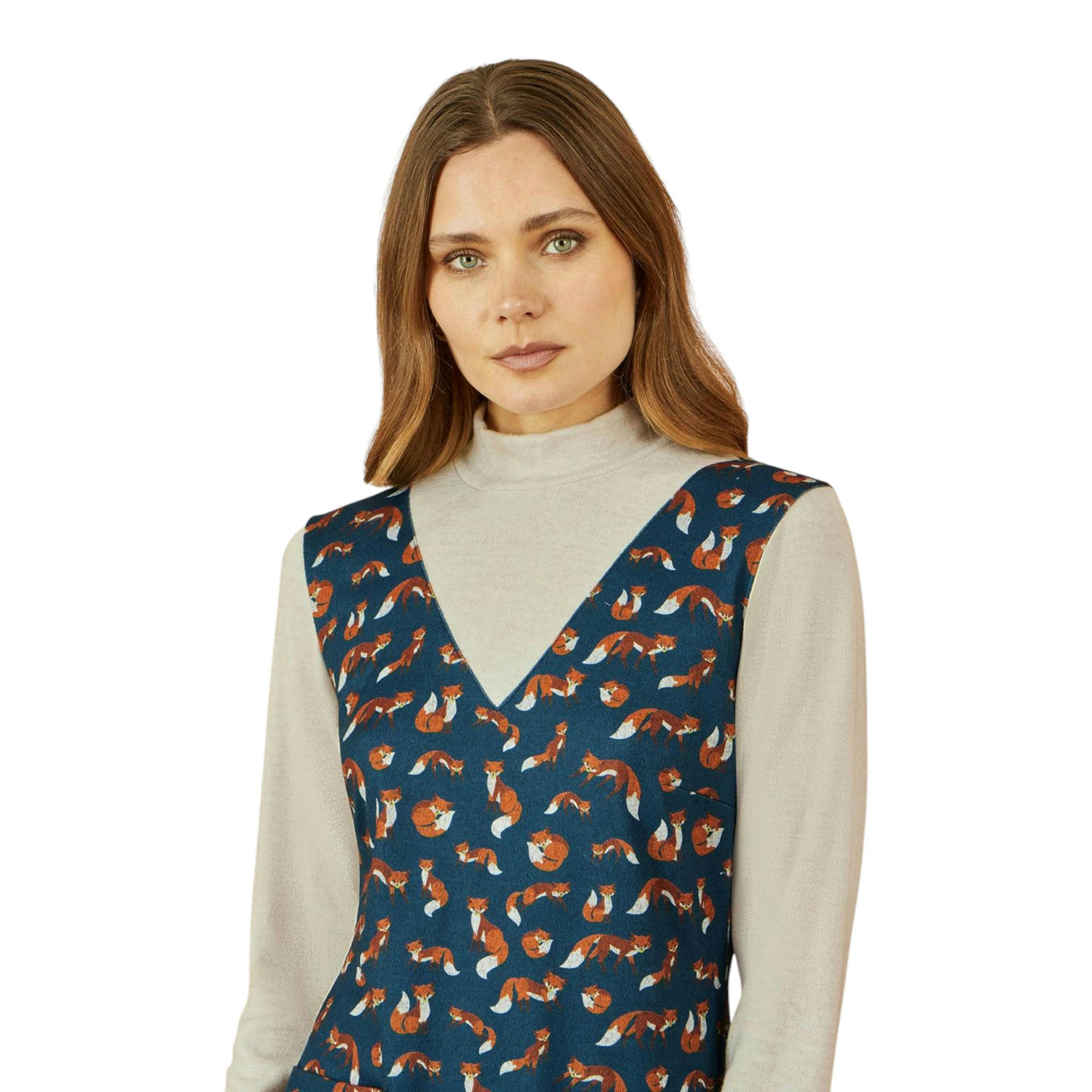 Yumi Navy Fox Long Sleeve Layered Tunic Dress With Front Pocket , view 2 of 5